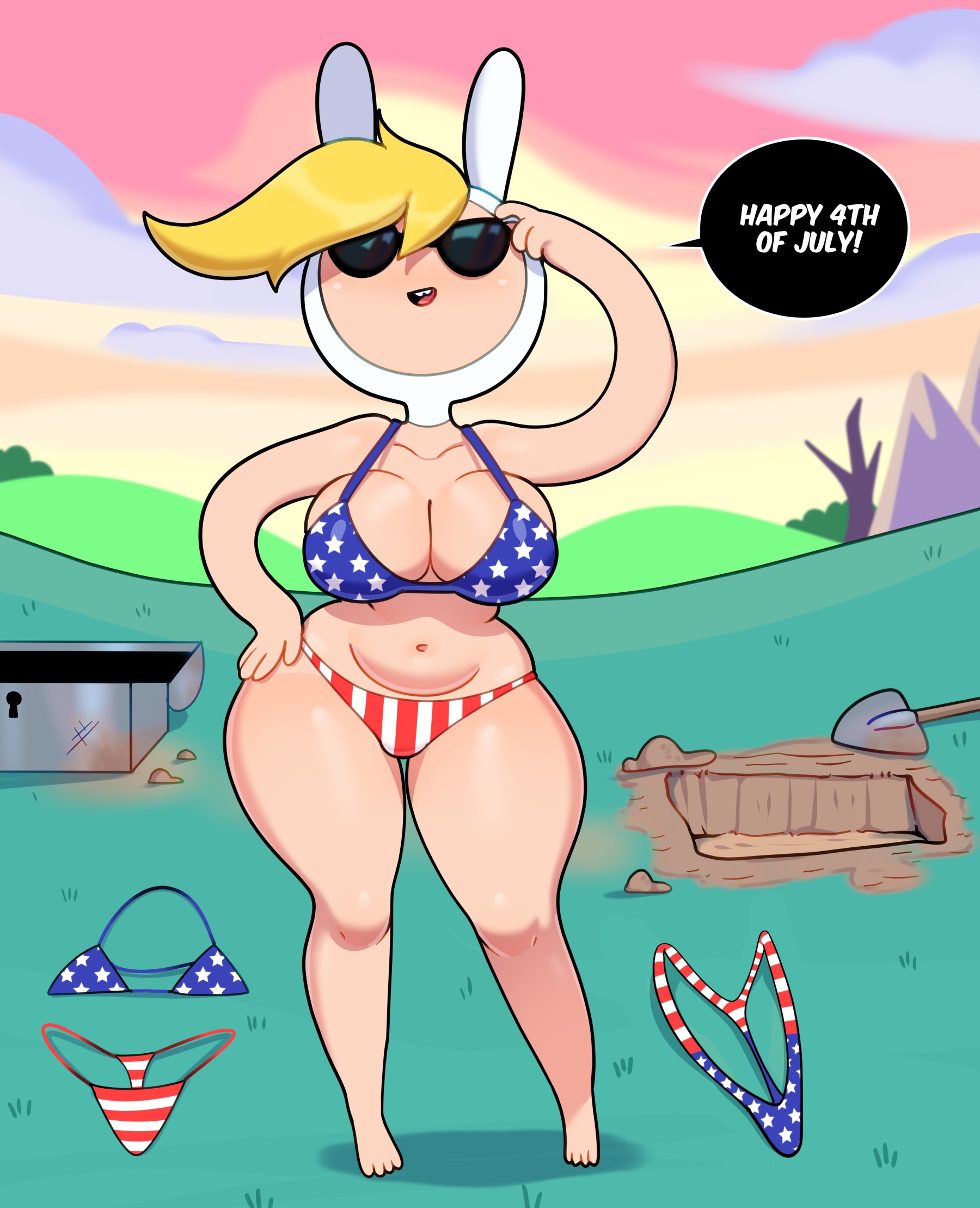 1girls, 4th of july, adventure time, american flag bikini, bare shoulders, barefoot, belly, big breasts, bikini, blonde hair, breasts, bunny ears, chest, cleavage, english text, feet, female, female only, fionna the human girl, genderswap, glasses, hole, navel, open mouth, open smile, outdoors, outside, rule 63, shovel, smile, solo, solo female, somescrub, speech bubble, sunglasses, text, thick thighs, voluptuous, wide hips