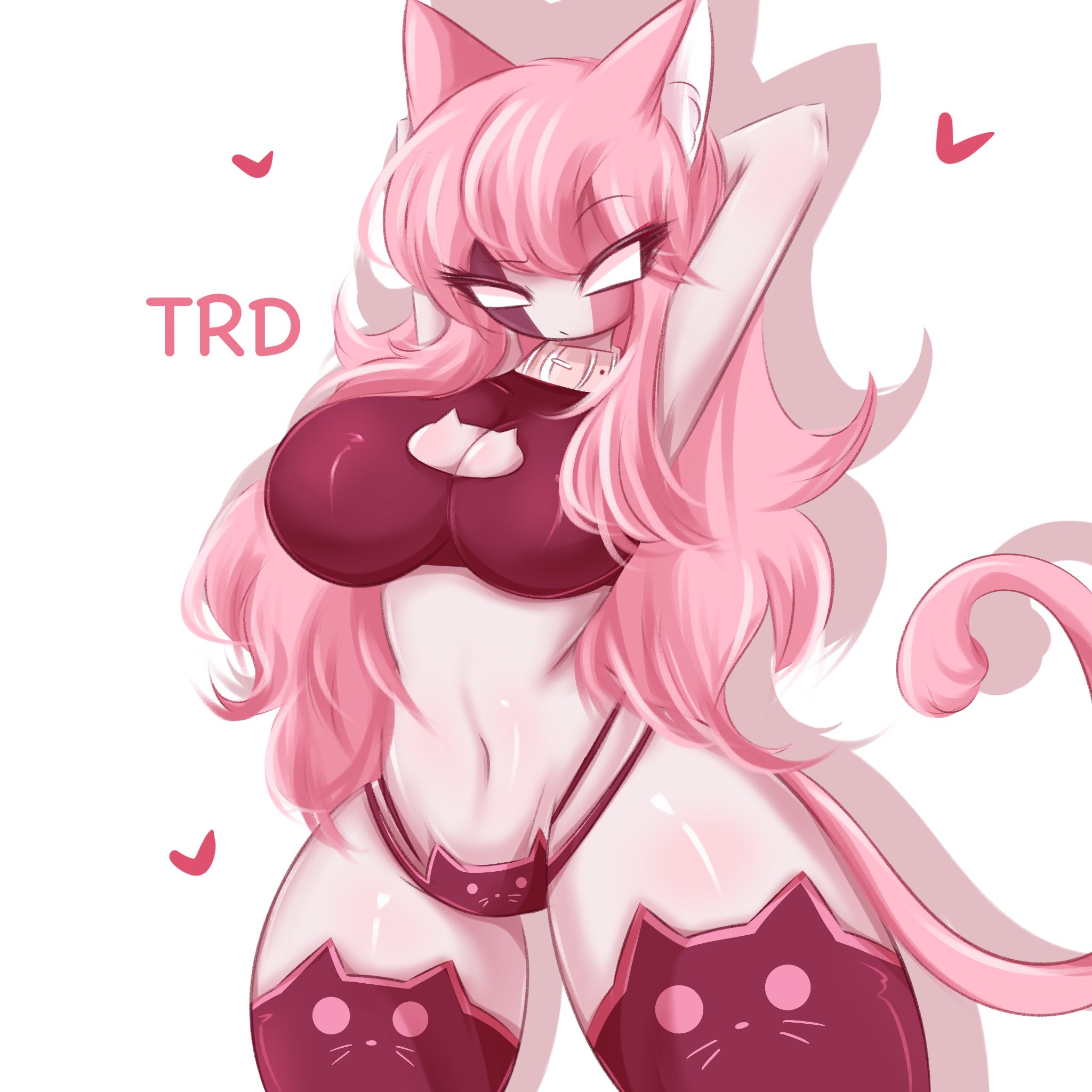 1girls, 4 fingers, 5 fingers, breasts, cleavage, elbow gloves, female, female only, friday night funkin, heart symbol, large breasts, leotard, long hair, looking at viewer, mid-fight masses, no pupils, pink hair, pink skin, sarvente (dokki.doodlez), sarvente (friday night funkin), slim, thighhighs, thighs, tnd, trd-yo, two-tone hair, wink