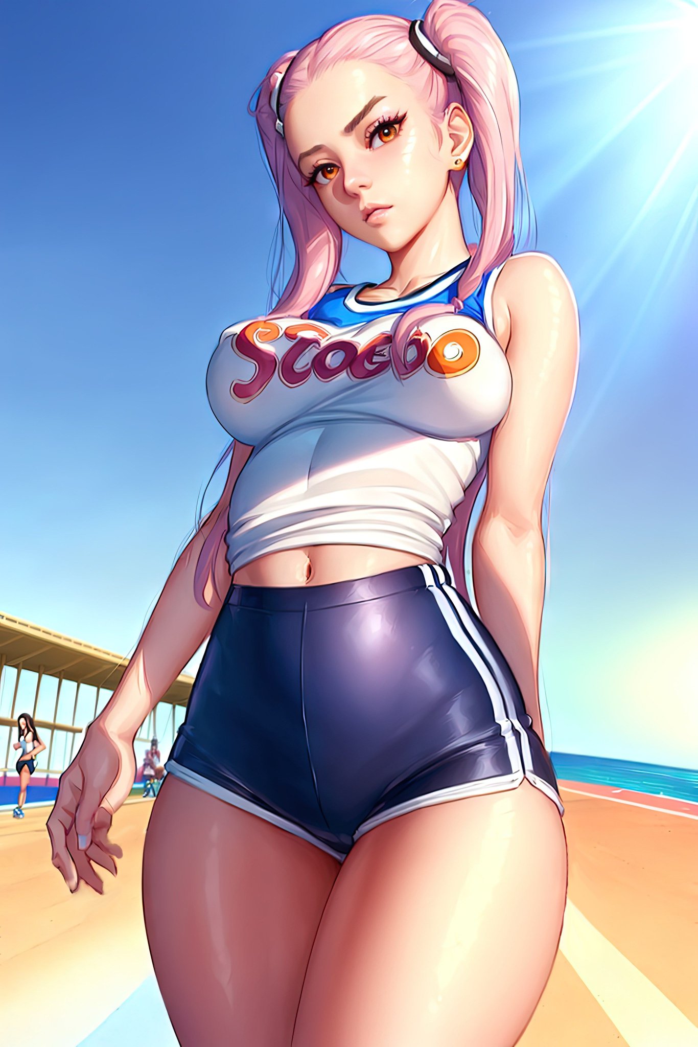 1girls 2023 ai_generated big_breasts crop_top curvy_female curvy_figure female_focus female_only gym_clothes gym_clothing gym_uniform jogging light-skinned_female long_hair marathon pale-skinned_female pigtails pink_hair short_shorts shorts solo stable_diffusion voluptuous_female