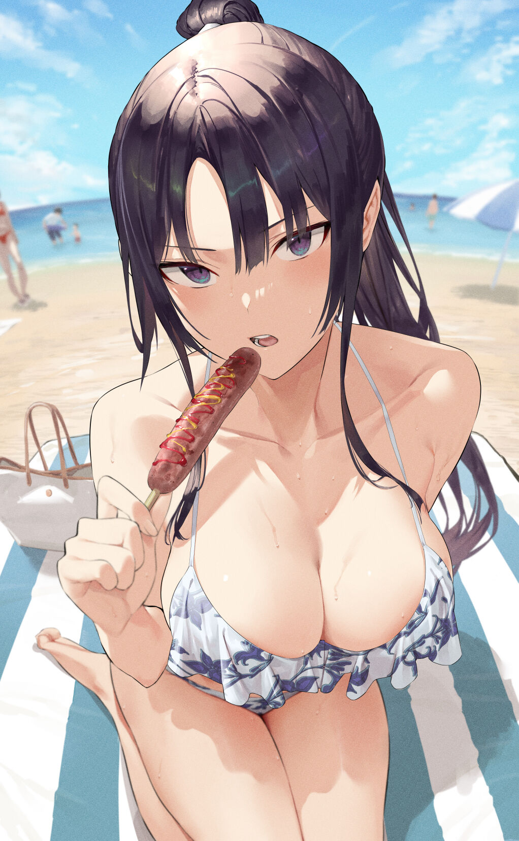 bangs beach beach_towel bikini black_hair blurry_background collarbone hiiragi_yuuichi looking_at_viewer sausage seaside sweat sweatdrop towel