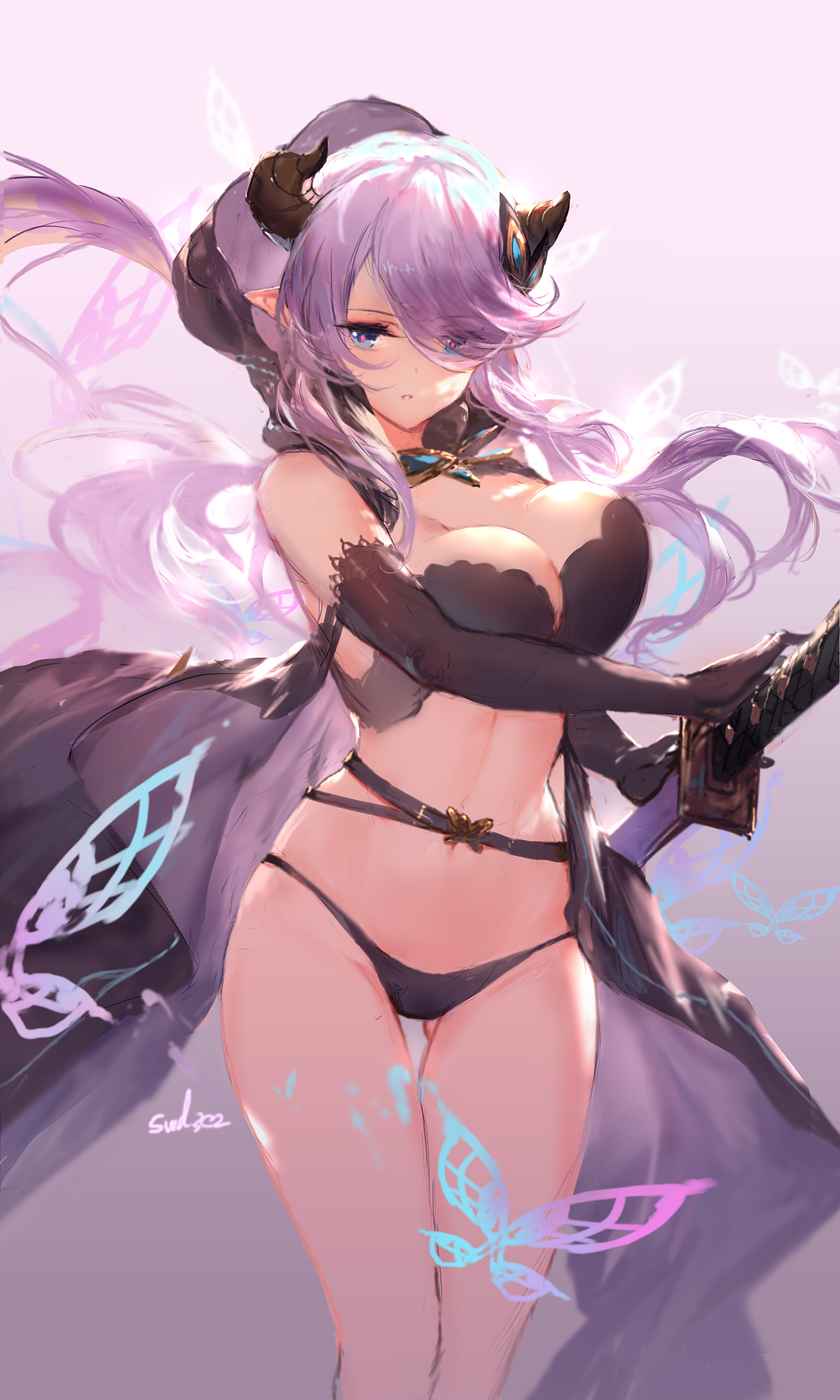 1girls, alternate costume, bare shoulders, bikini, black bikini, black gloves, blue eyes, breasts, bug, butterfly, cape, cleavage, commentary request, demon horns, draph, elbow gloves, female, gloves, gradient, gradient background, granblue fantasy, hair over one eye, highres, holding, holding sword, holding weapon, horns, insects, large breasts, light purple hair, long hair, narmaya (granblue fantasy), pointy ears, purple background, purple hair, sleeveless, swd3e2, swimsuit, sword, thighs, very long hair, weapon