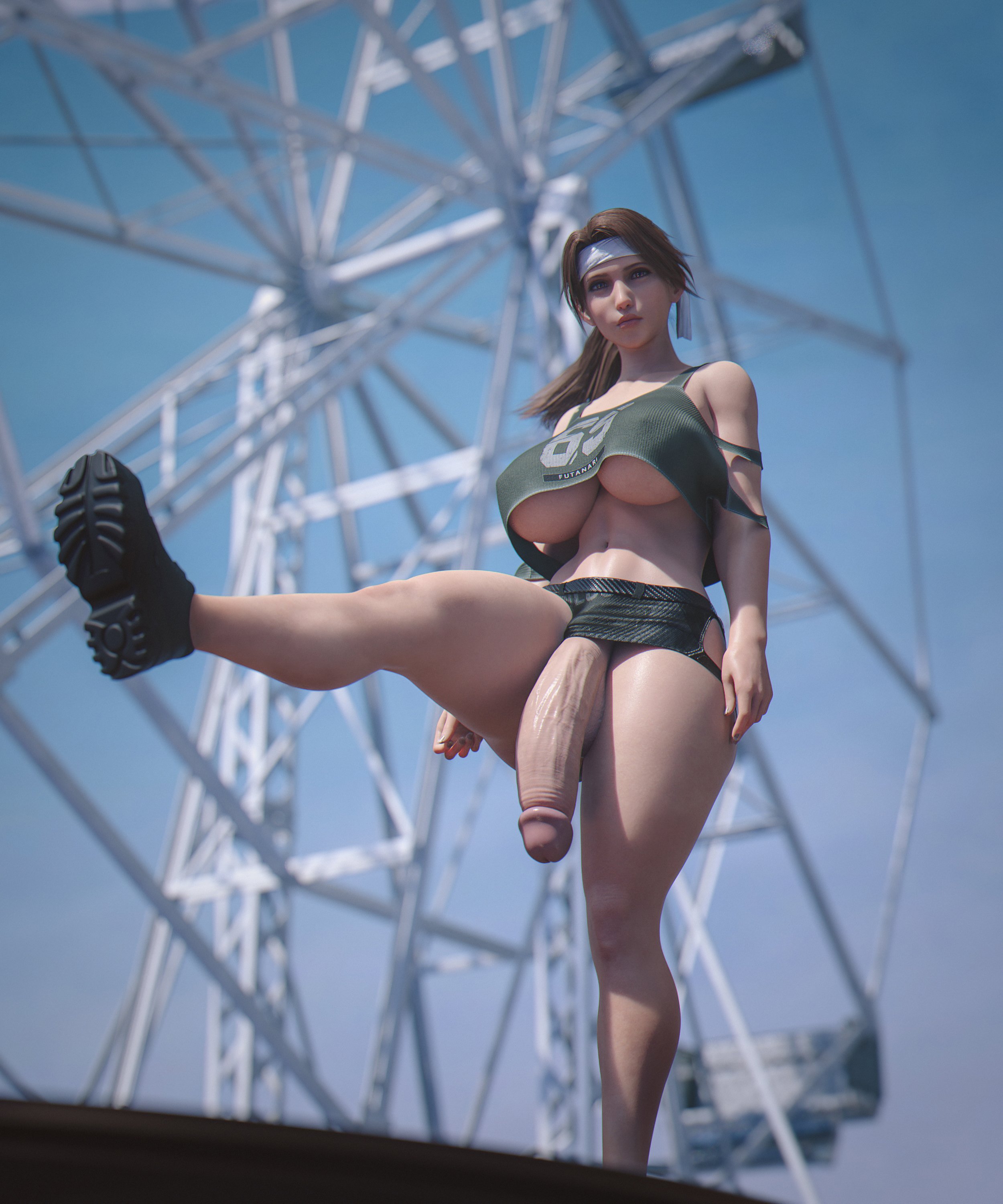 1futa, 3d, breasts, casual exposure, casual nudity, erection, final fantasy, final fantasy vii, futa only, futanari, huge breasts, huge cock, ineffective clothing, intersex, jessie rasberry, mostly nude, penis, solo, stevencarson