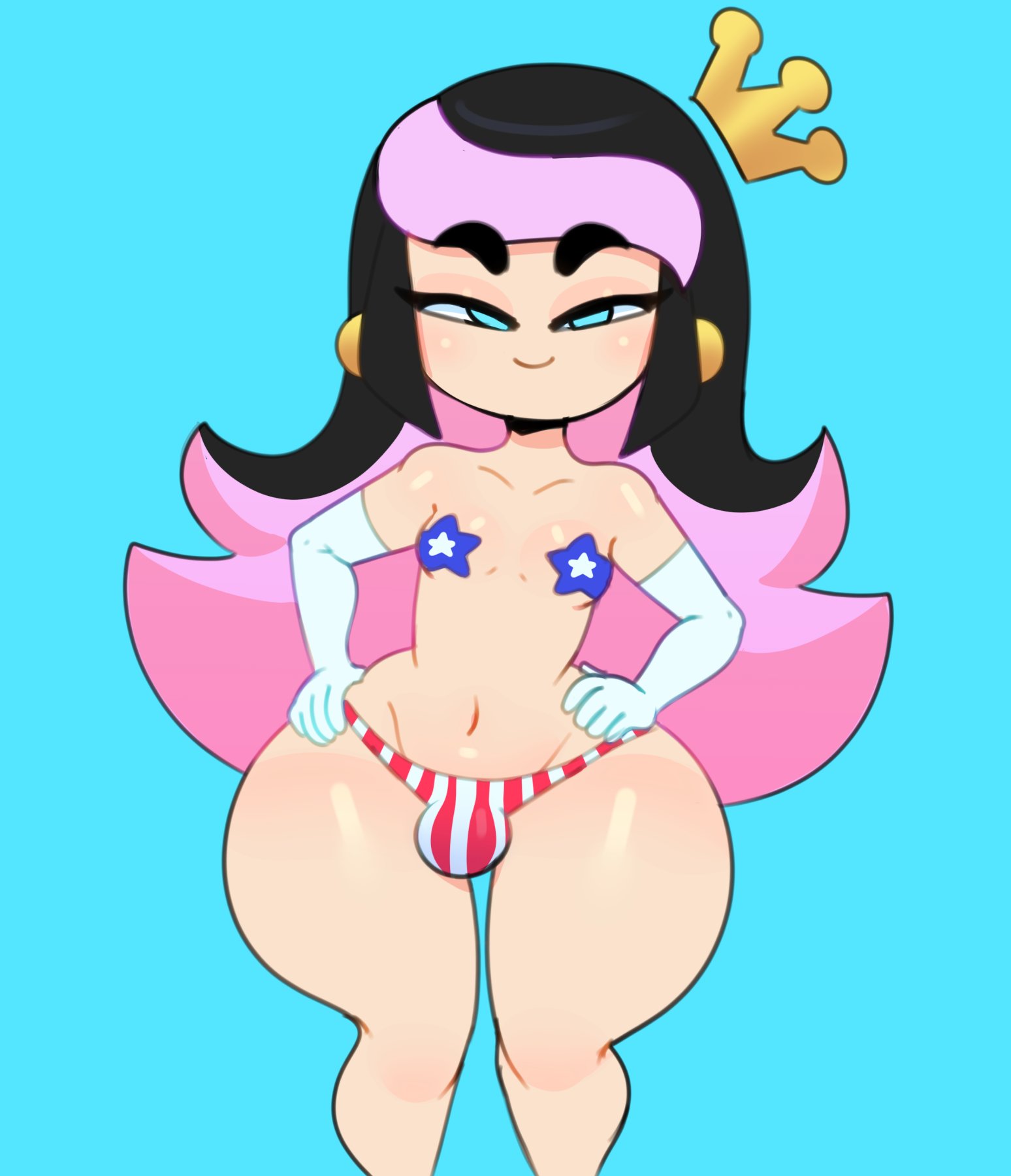 1boy, 4th of july, blue eyes, bulge, crown, femboy, looking at viewer, male, male only, original, panties, pasties, princess (princess jomes), princess jomes, skimpy, skimpy bikini, skimpy clothes, smile, solo, somescrub, thick thighs, two-tone hair, wide hips