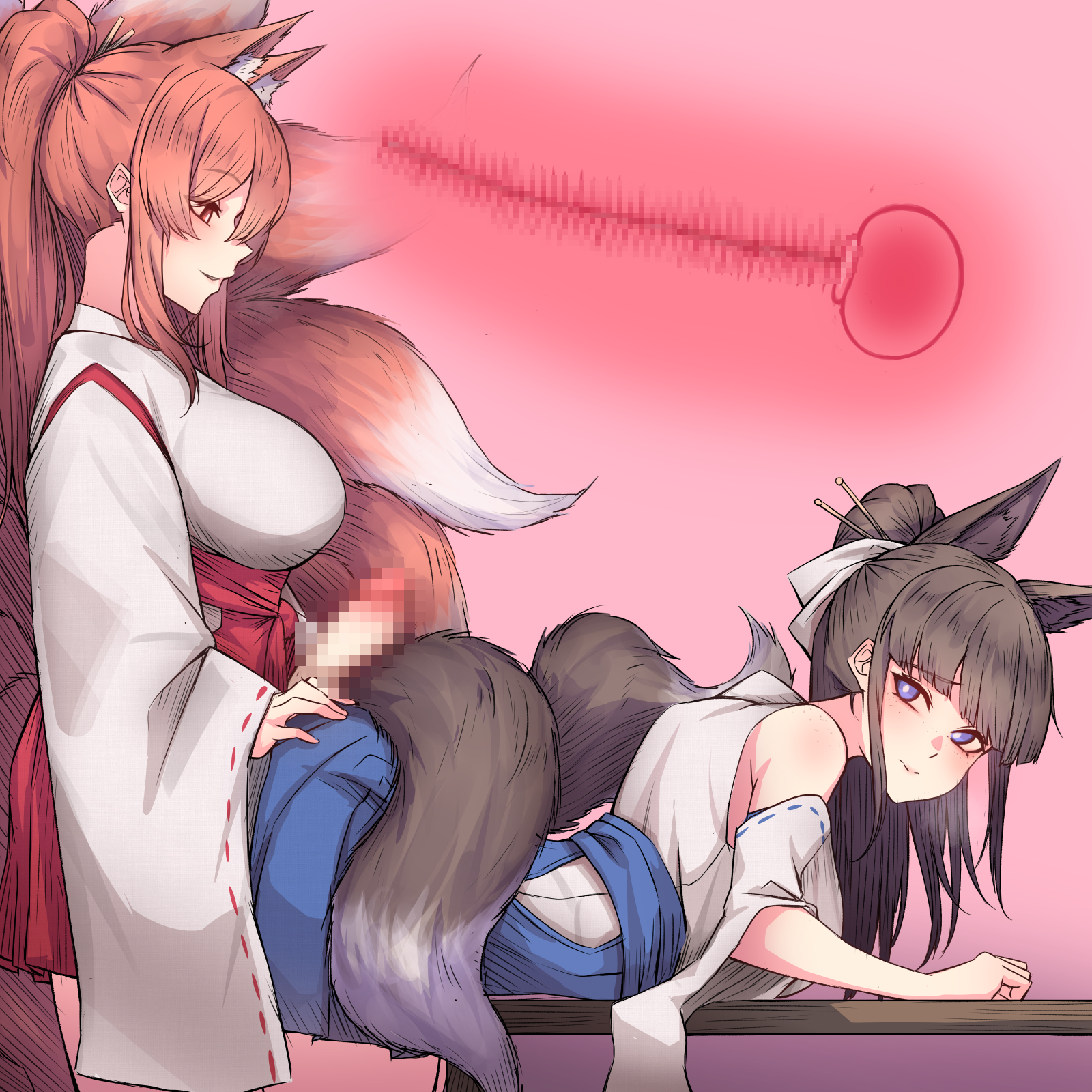 1futa, 1girls, animal ears, bangs, bent over, black hair, censored, clothed, clothing, cross section, duo, female, fox ears, fox girl, fox tail, from behind position, futa on female, futanari, humanoid, humanoid penis, imminent sex, intersex, kemonomimi, light skin, light-skinned female, light-skinned futa, long hair, mosaic censoring, mostly clothed, orange hair, original, penis, rikuguma, standing, standing doggy style, standing sex, x-ray