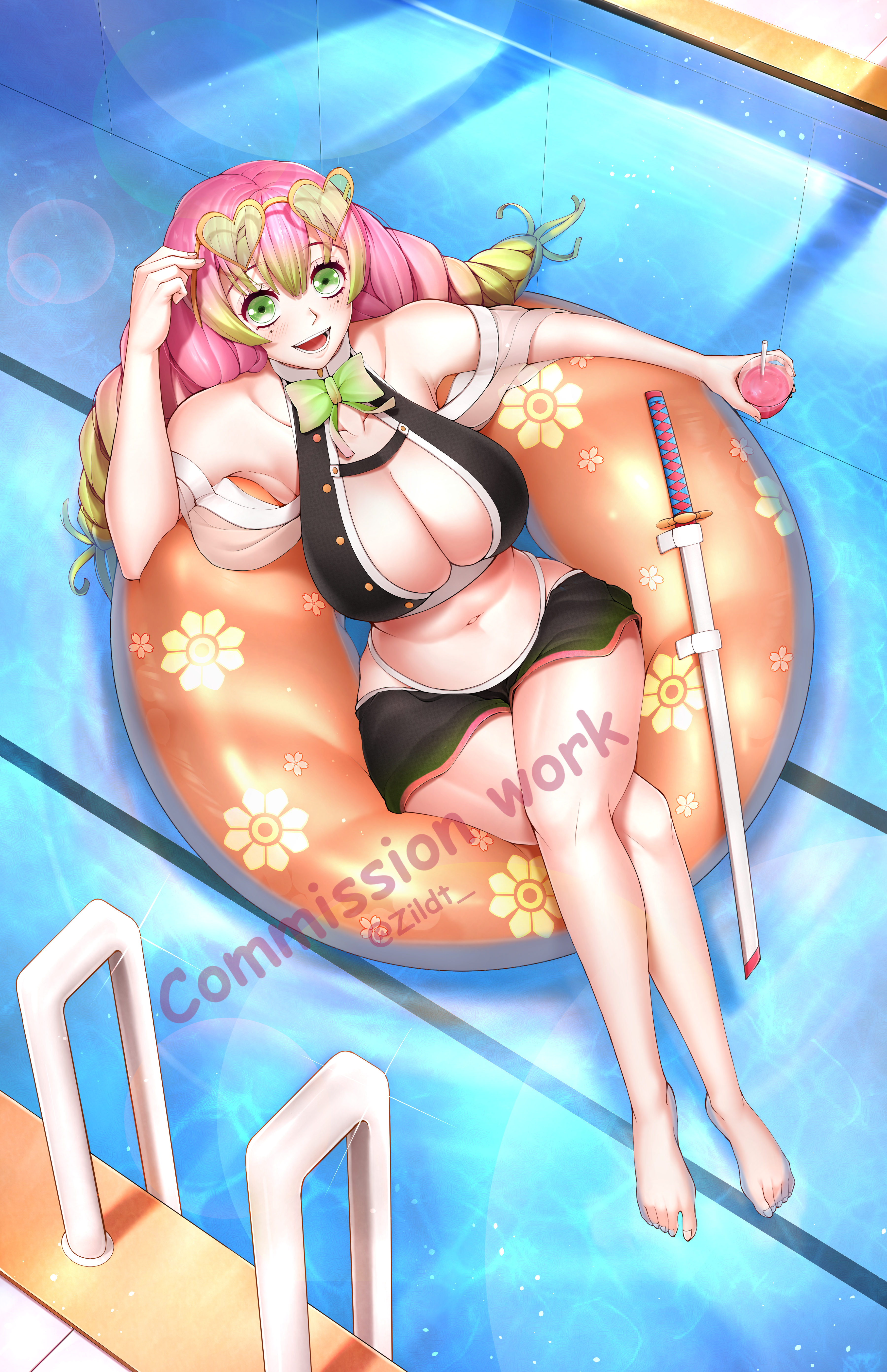 1girls, alternate costume, bangs, barefoot, big breasts, bikini, bowtie, braided hair, breasts, cleavage, demon slayer, female, female only, full body, heart-shaped sunglasses, high-angle view, huge breasts, innertube, kanroji mitsuri, katana, kimetsu no yaiba, long hair, looking at viewer, mole under eye, neck ribbon, open mouth, pink hair, pink-haired female, pool, reclining, smile, solo, sunglasses, sunglasses on head, swimsuit, sword, two-tone hair, water, watermark, weapon, wide hips, zildt 
