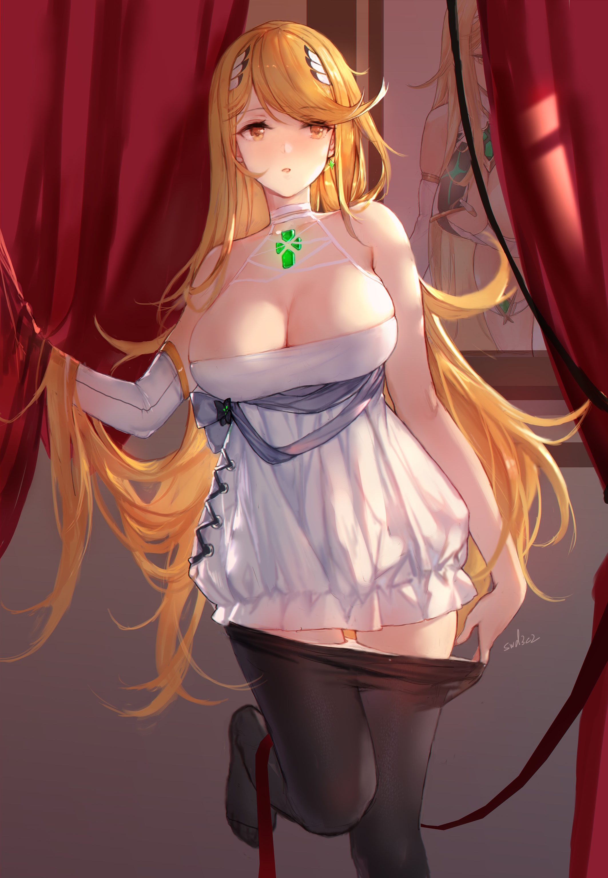 1girls, absurdres, bangs, bare shoulders, black legwear, blonde hair, blush, breasts, chest jewel, cleavage, clothes pull, curtains, dress, earrings, female, gloves, highres, jewelry, large breasts, long hair, looking to the side, mythra, panties, panty pull, pantyhose, pantyhose pull, parted lips, poster (object), single glove, solo, swd3e2, swept bangs, underwear, white dress, white panties, xenoblade chronicles (series), xenoblade chronicles 2, yellow eyes