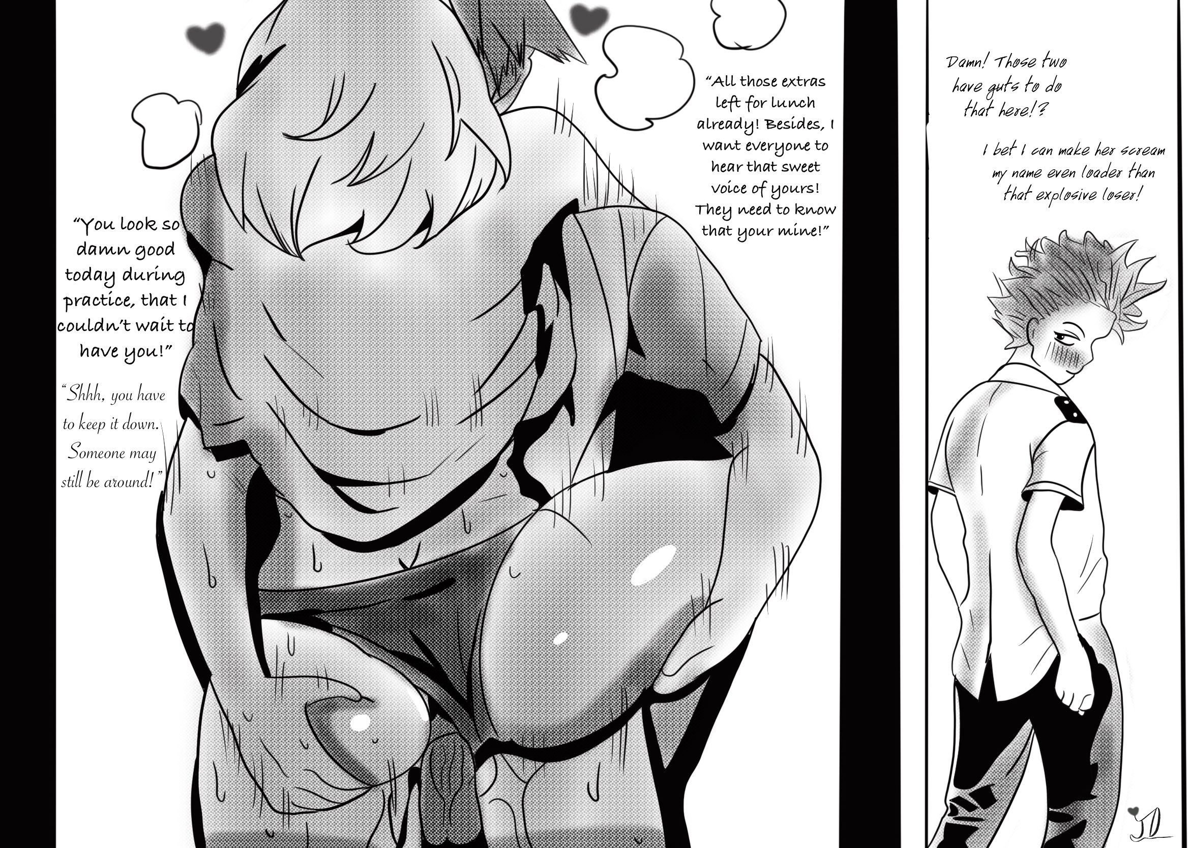 1boy, 1girls, arms around neck, ass, ass grab, being watched, blush, caught in the act, clothed, clothed sex, english text, female, female penetrated, heart, hitoshi shinso, jealous, jellyumptious, katsuki bakugou, leg grab, male, male penetrating, male/female, monochrome, my hero academia, ochako uraraka, panties aside, peeping, sex, standing, standing sex, straight, sweat, text, watching