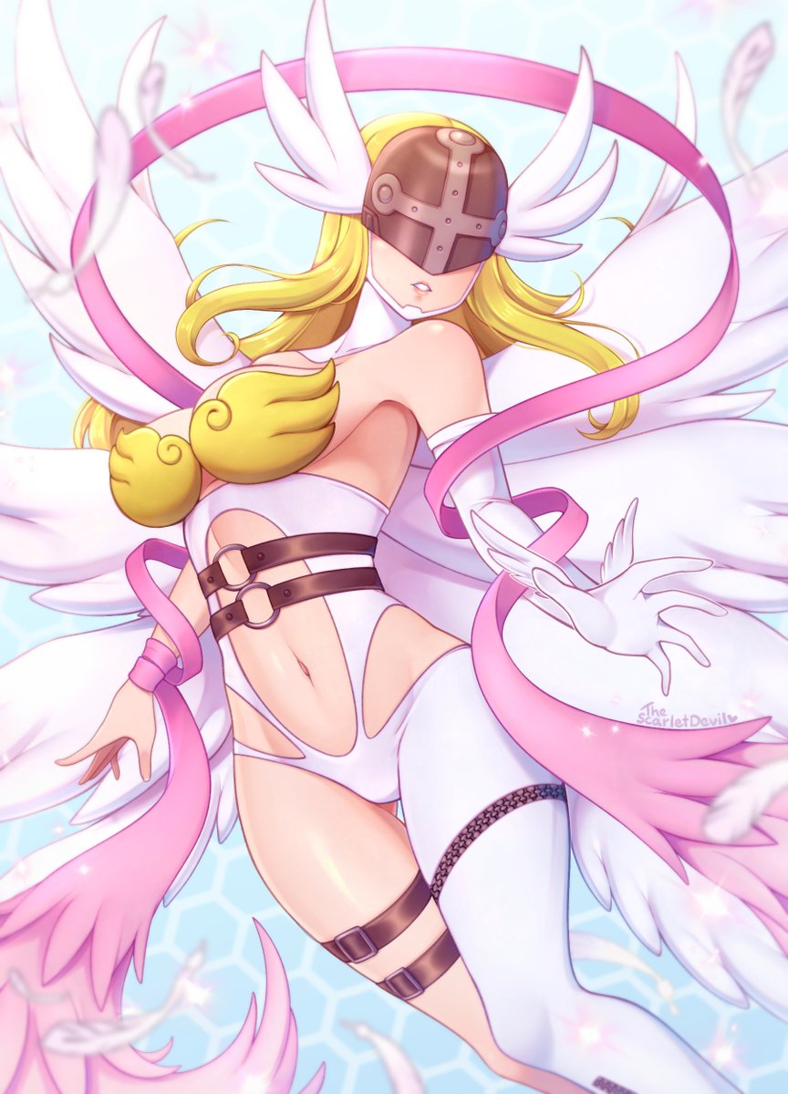 1girls 2020 8_wings angel angel_wings angewomon blonde_hair clothed digimon digimon_(species) feathers female female_only helmet long_hair navel ribbon skimpy solo solo_female thescarletdevil wings