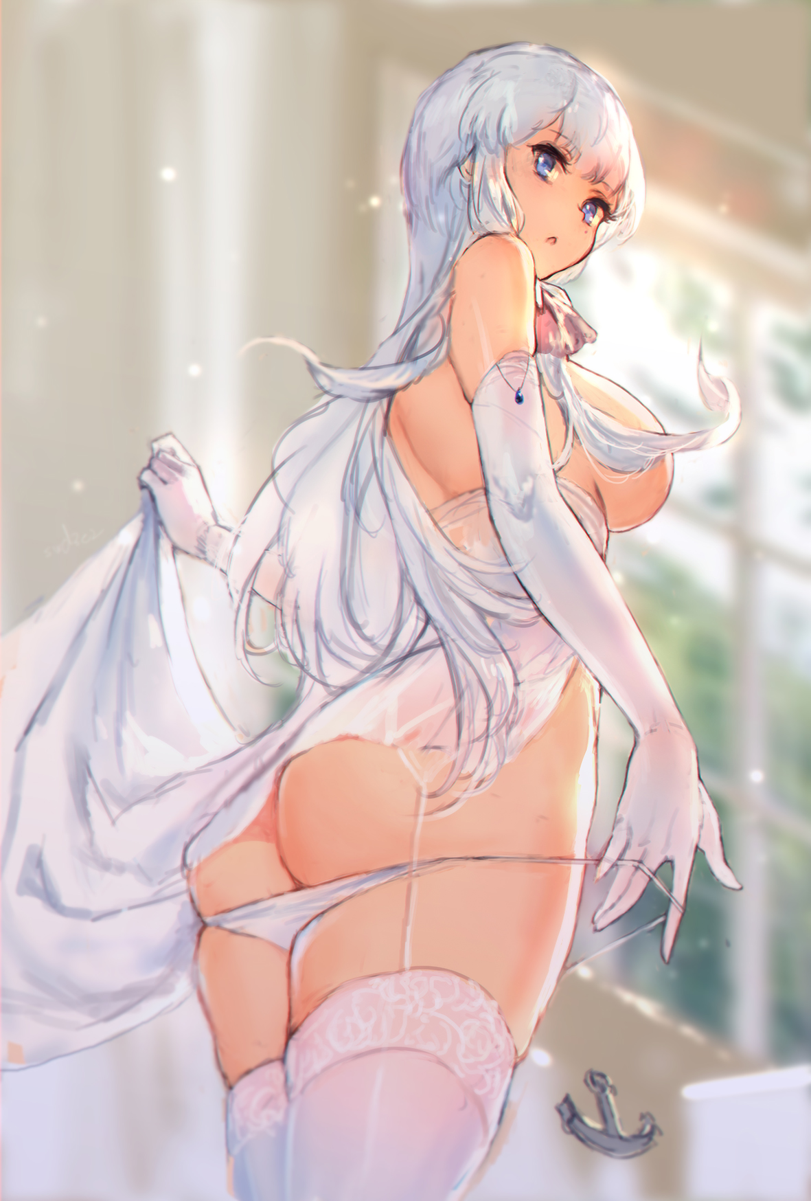 1girls, ass, ass cleavage, ass crack, azur lane, back, bare shoulders, blue eyes, breasts, butt crack, clothes lift, cowboy shot, dress, dress lift, elbow gloves, female, floating hair, from below, gloves, hair censor, highres, illustrious (azur lane), large breasts, lifted by self, long hair, looking at viewer, looking back, no bra, panties, panty pull, silver hair, skindentation, solo, standing, swd3e2, thighhighs, underwear, very long hair, white dress, white gloves, white legwear, white panties