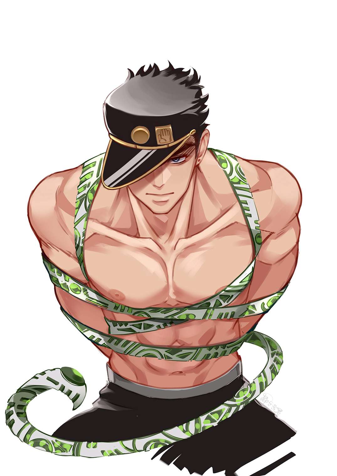 gay hierophant_green jojo's_bizarre_adventure jotaro_kujo muscular muscular_male solo_focus stardust_crusaders yaoi