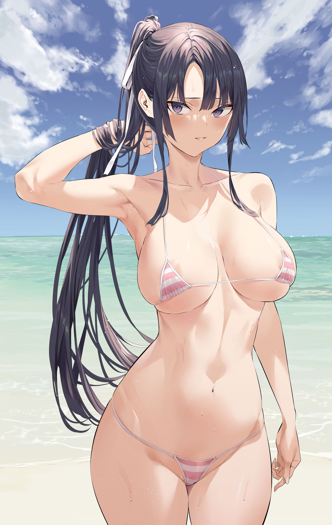 beach, hiiragi yuuichi, looking at viewer, micro bikini, tagme
