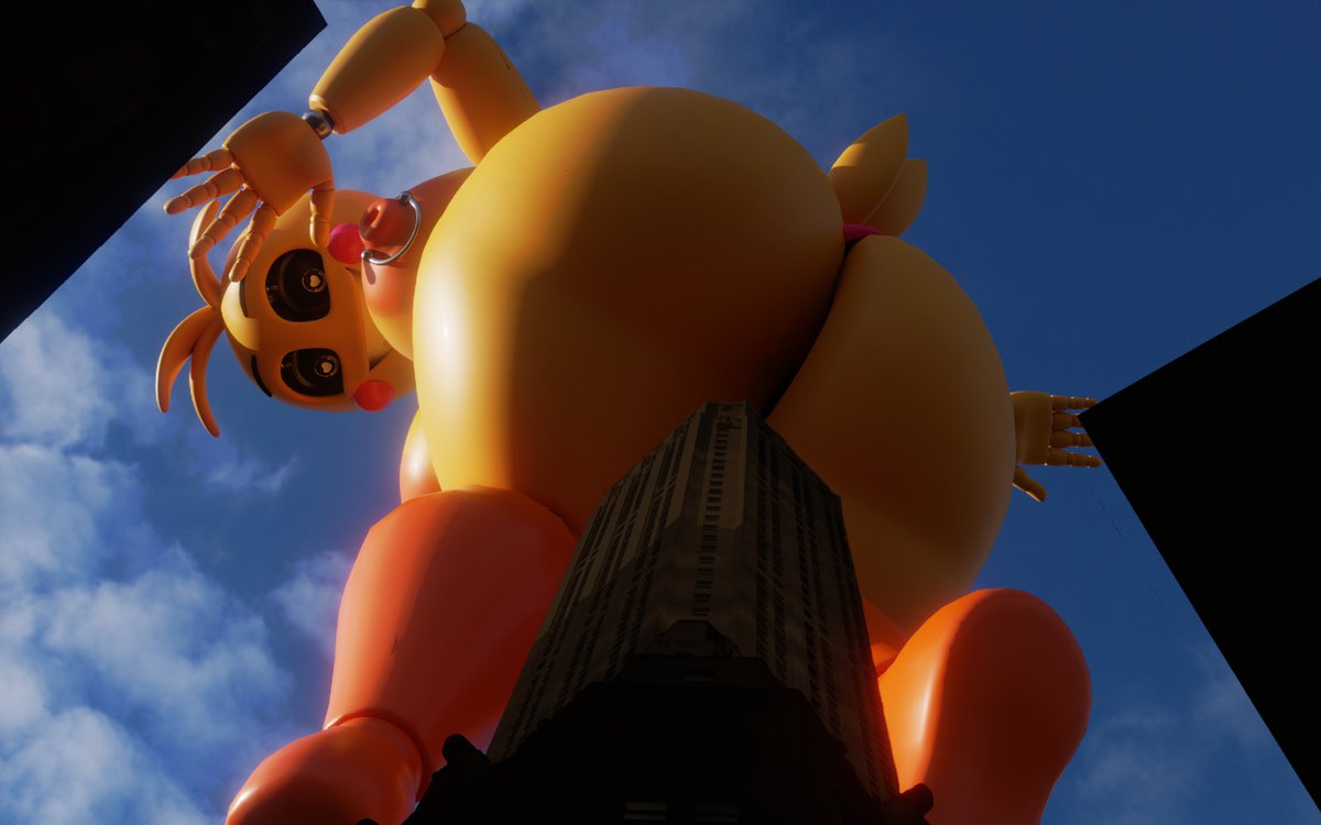 3d, 3d (artwork), ass, big ass, bubble ass, bubble butt, city, female, five nights at freddy's, giantess, huge ass, macro, nipple piercing, nipples, piercing, qzk forte, tagme, toy chica (fnaf), toy chica (love taste)