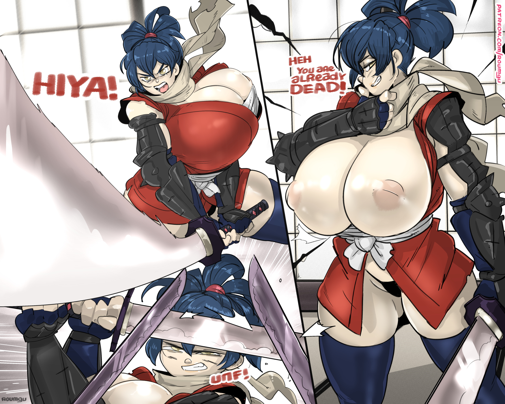 1girls, big breasts, blue hair, breasts, breasts out, breasts outside, cleavage, curvy, curvy body, curvy female, curvy figure, exposed breasts, female, huge breasts, inverted nipples, japanese clothes, manyuu chifusa, manyuu hikenchou, nipples, panties, roumgu, scarf, string panties, sword, thick thighs, thighhighs, tied hair, voluptuous, wide hips, yellow eyes