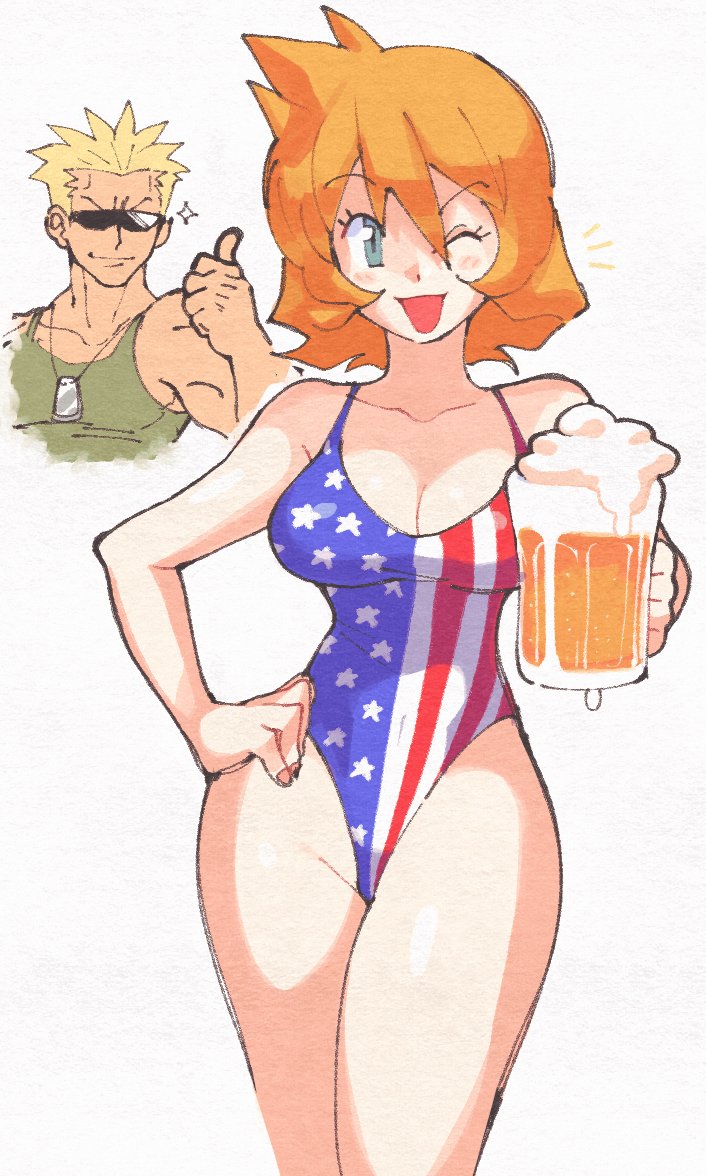 1boy 1girls :d ;d alternate_costume american_flag american_flag_swimsuit beer_mug big_breasts blonde_hair breasts cleavage clothing cosplay creatures_(company) cup female female_focus game_freak hand_on_hip holding holding_cup human inkerton-kun inkuusan kasumi_(pokemon) looking_at_viewer lt_surge male medium_breasts misty_(pokemon) misty_(pokemon_hgss) mug nintendo one-piece_swimsuit one_eye_closed open_mouth orange_hair pokemon pokemon_(game) pokemon_hgss short_hair smile solo_focus spiked_hair swimsuit tagme thick_thighs tomboy