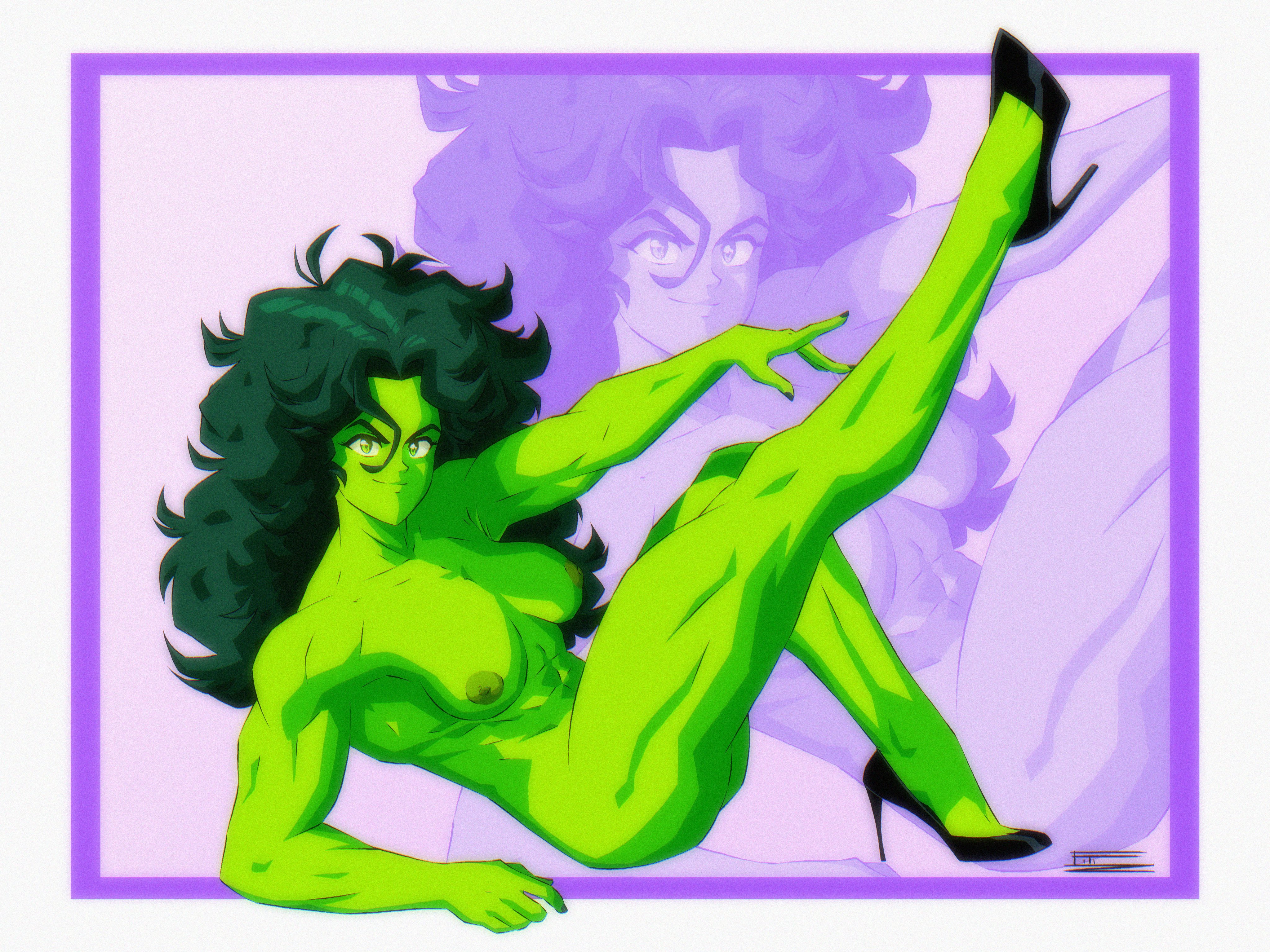 1980s (style), 1girls, abs, biceps, big breasts, breasts, female, female only, fitiddies, green body, green eyes, green hair, green nipples, green skin, heels only, high heels, hulk (series), leg up, legs, looking at viewer, marvel, marvel comics, muscles, muscular, muscular female, muscular legs, naked, naked female, naked footwear, naked heels, nipples, pinup pose, pose, posing, retro artstyle, she-hulk, smile, solo, thick legs, thick thighs, thighs, white border