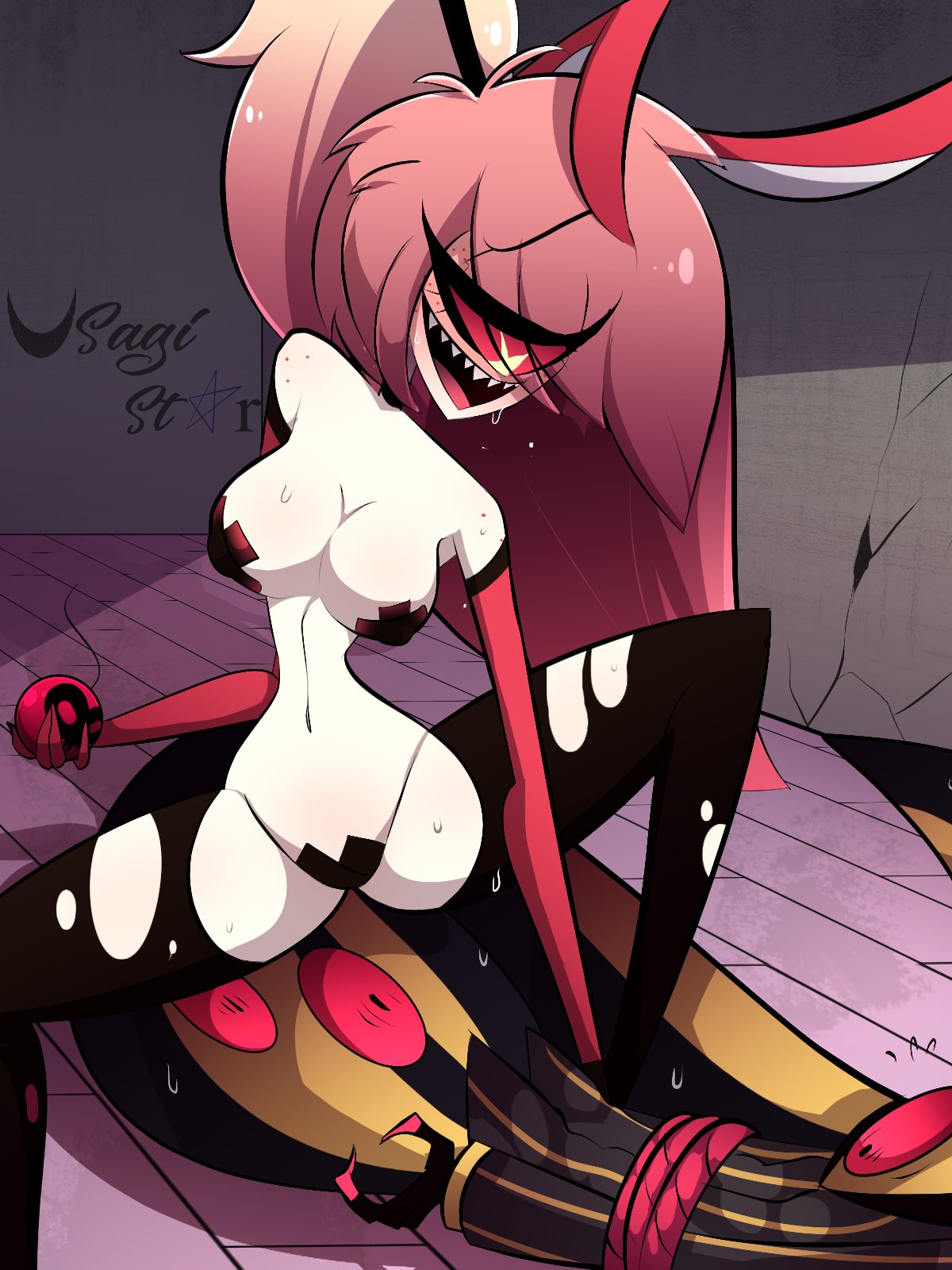 1_eye bottom_heavy bunny_ears cherri_bomb covered_nipples covered_pussy demon_girl dominant_female dominatrix hazbin_hotel hourglass_figure large_breasts partial_male sir_pentious smooth_skin thick_thighs tied_up usagi_star white_skin wide_hips