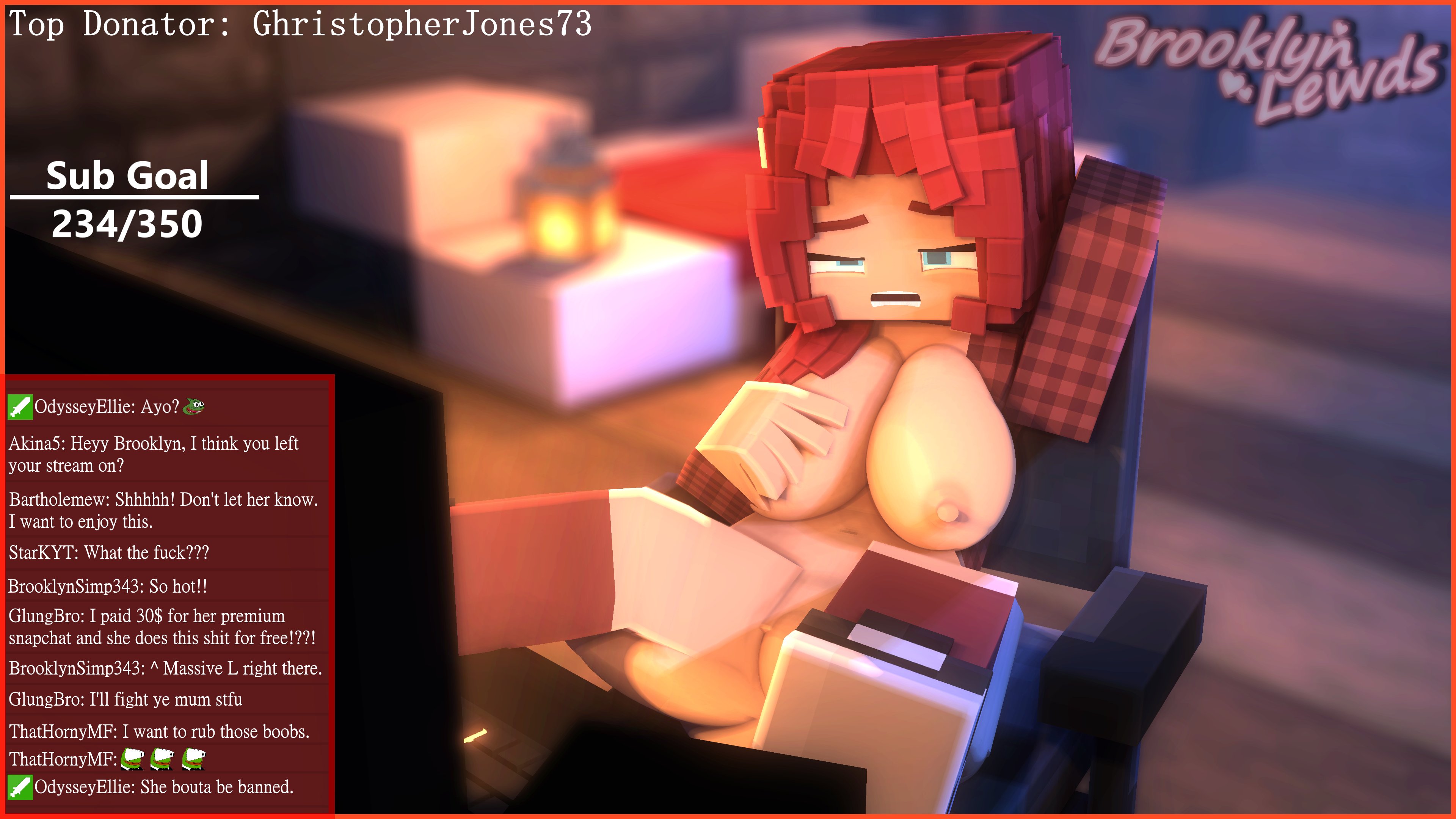 1girls, 3d, big breasts, blue eyes, bottomless, breasts, brooklyn (brooklynlewds), brooklynlewds, chair, chat box, clothing, erect nipples, female, female only, flannel, flannel shirt, groping, groping breasts, mine-imator, minecraft, mostly nude, nipples, open shirt, pussy, red hair, self fondle, solo, spread legs, streaming, text, thick thighs