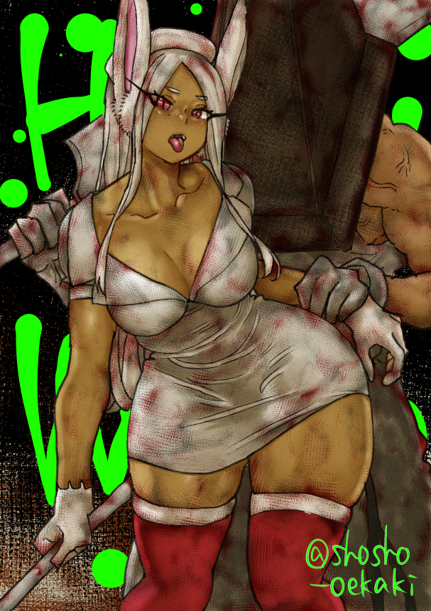 1boy, 1girls, big breasts, blood stain, breasts, bunny ears, bunny girl, cleavage, cosplay, crossover, crossover cosplay, dark skin, dark-skinned female, fangs, female, gloves, long hair, looking at viewer, male, miruko, my hero academia, nurse (silent hill) (cosplay), nurse cap, nurse uniform, open mouth, pyramid head, rabbit ears, rabbit girl, rabbit humanoid, red eyes, red thighhighs, rumi usagiyama, short dress, shosho oekaki, silent hill, silent hill 2, slit pupils, stained clothes, straight, tan skin, thick thighs, thighhighs, tongue, tongue out, white hair, wide hips, wrist grab, zettai ryouiki