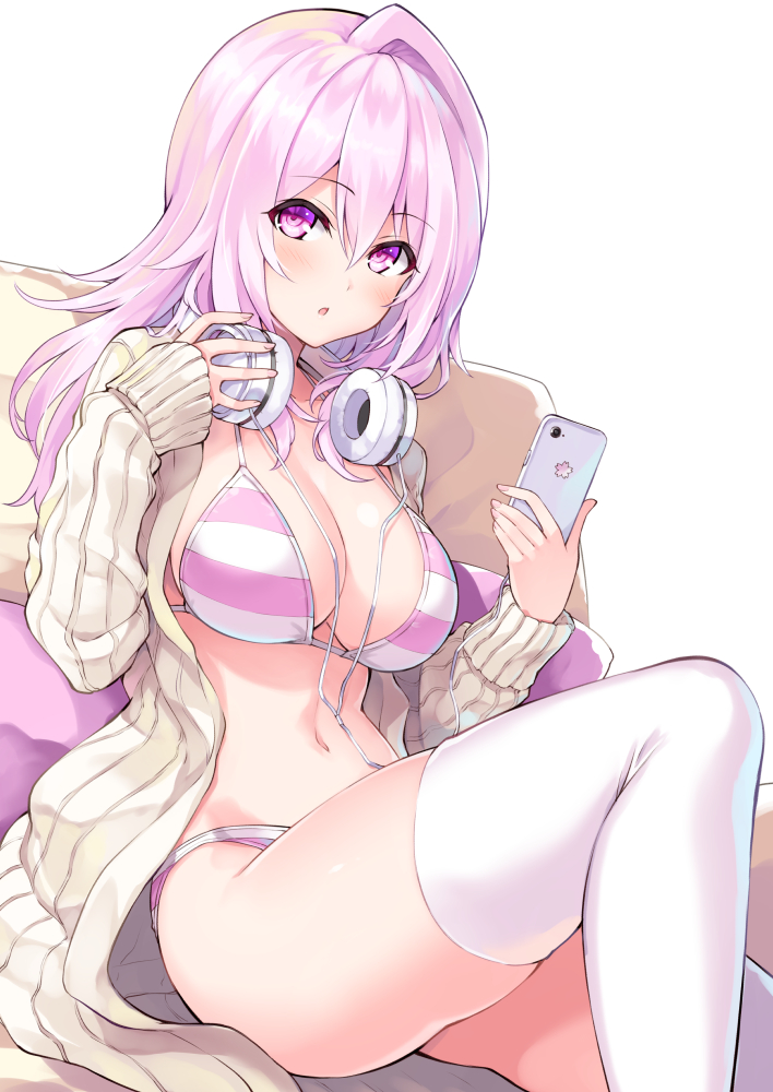 big_breasts bra cute cute_face embarrassed female female_focus headset light_hair light_skin listening_to_music long_hair panties purple_eyes shirt_open smartphone sofa tagme tagme_(artist) tagme_(character) two_tone_bra two_tone_eyes white_pantyhose