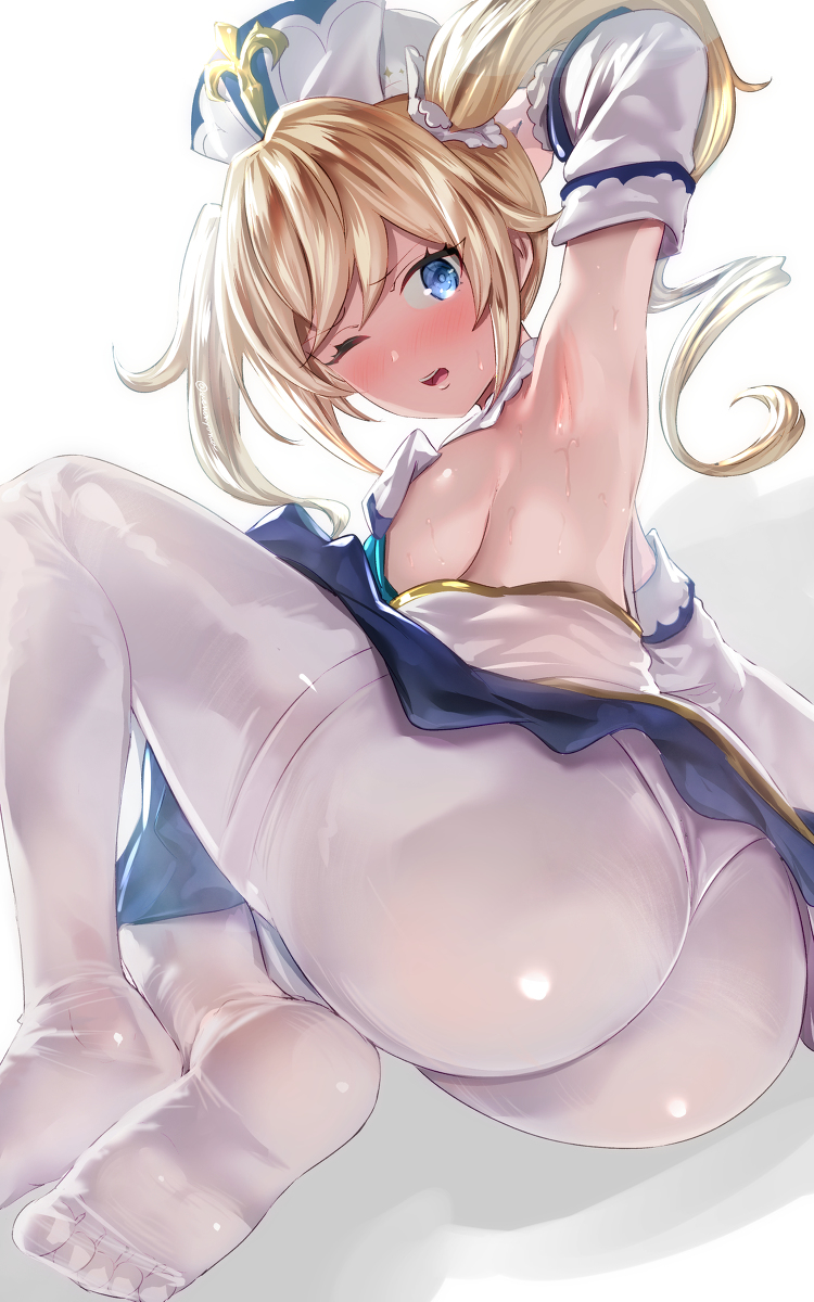 1girls, 2022, absurd res, absurdres, alternate breast size, armpits, arms up, ass, barbara (genshin impact), blonde female, blonde hair, blue eyes, blush, breasts, bubble ass, bubble butt, clothed, clothed female, embarrassed, feet, feet in stockings, female, female only, genshin impact, hi res, large ass, large breasts, leggings, looking at viewer, nun, one eye closed, pantyhose, pantylines, see-through, see-through clothing, sideboob, tights, twintails, uenoryoma, upskirt, white background