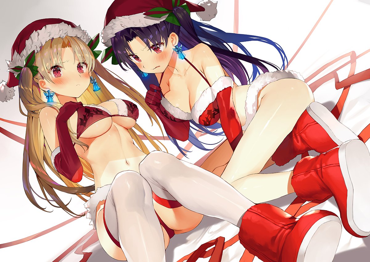 2girls bangs black_hair black_ribbon blonde_hair blush boots breasts christmas cleavage earrings elbow_gloves embarrassed ereshkigal_(fate) fate/grand_order fate_(series) female female_only frown gaou_(umaiyo_puyoman) gloves glowing hair_ribbon hat human ishtar_(fate) jewelry long_legs multiple_girls parted_bangs red_eyes red_gloves ribbon santa_boots santa_bra santa_costume santa_hat sitting stomach thighhighs thighs twintails two_side_up v-shaped_eyebrows white_legwear