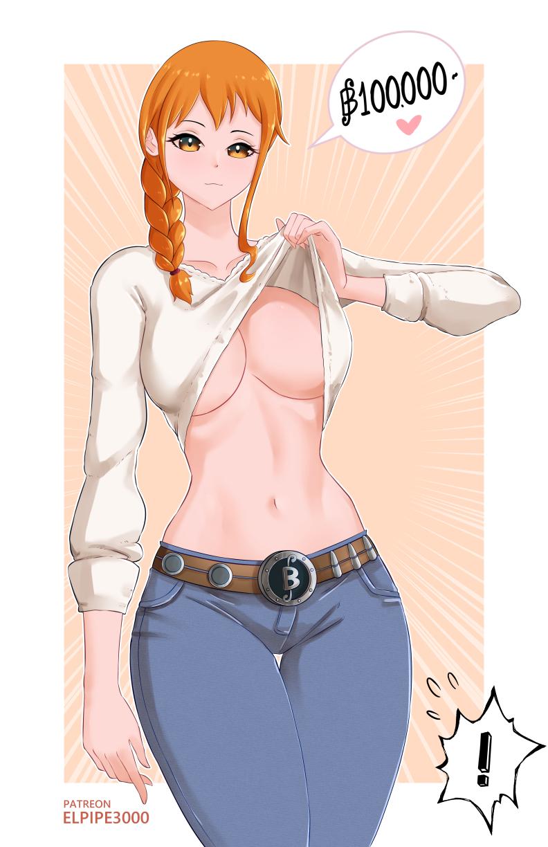 1girls belt big_breasts braid breasts brown_eyes clothed clothes clothing curvy elpipe3000 female female_only flashing flashing_breasts happiness_punch hips human human_only humanoid jeans large_breasts long_hair nami one_piece orange_hair post-timeskip shirt shirt_lift slim slim_waist solo solo_female thick thick_thighs thighs underboob wide_hips