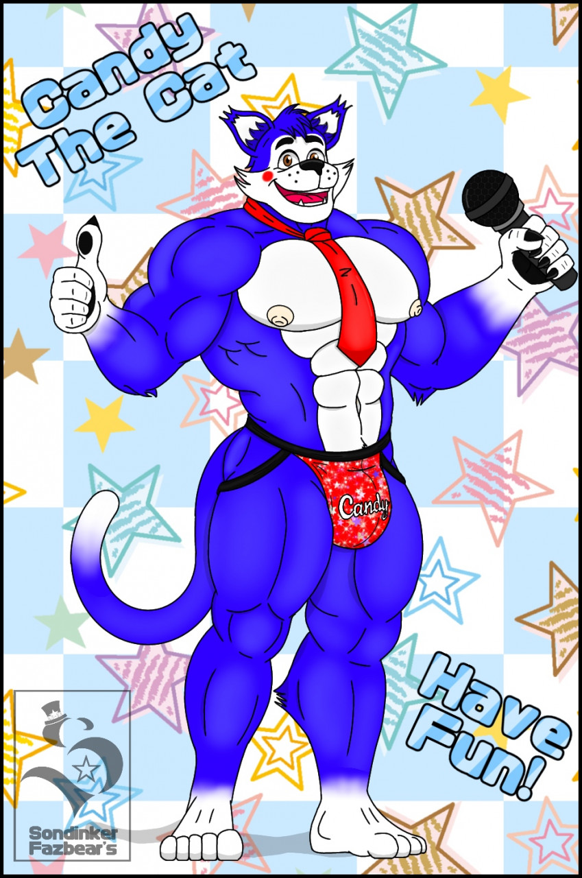 bulge butt candy_(fnac) domestic_cat five_nights_at_candy's male male_only microphone muscles muscular pecs sondinker_fazbear's