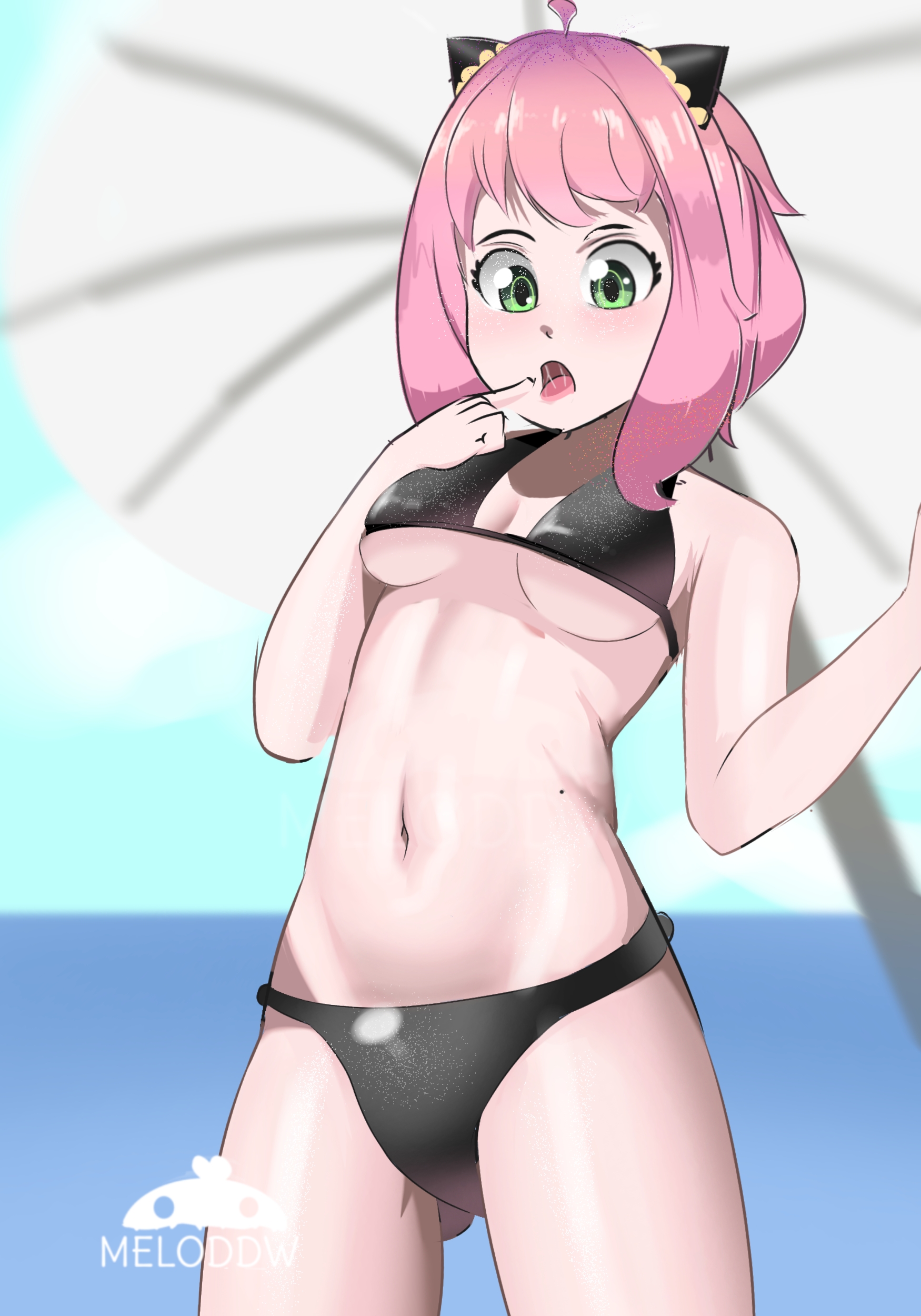 :o, 1girls, aged up, anya forger, bikini, blush, breasts, female, female only, green eyes, hair ornament, medium breasts, meloddw, pink hair, short hair, solo, solo focus, spy x family, standing, thighs