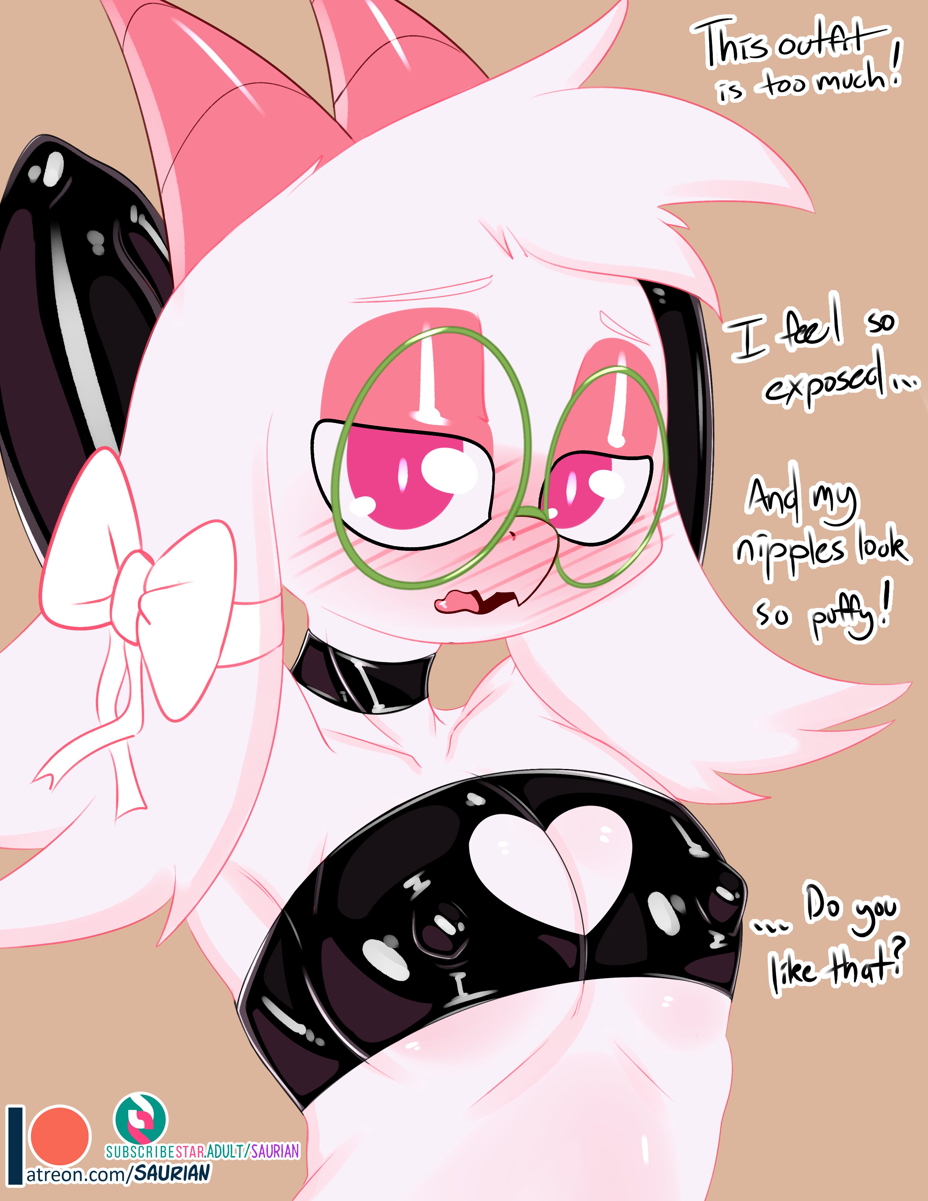 1boy, 2d, anthro, anthro male, anthro only, arms up, blush, caprine, choker, clothing, crop top, deltarune, dialogue, elbow gloves, embarrassed, femboy, furry, furry male, furry only, glasses, gloves, goat, hands behind head, horns, humanoid, humanoid male, humanoid only, latex, latex gloves, looking at viewer, male, male only, mammal, mammal humanoid, nipple bulge, nipples, ralsei, saurian (artist), solo, talking to viewer, text, undertale (series)