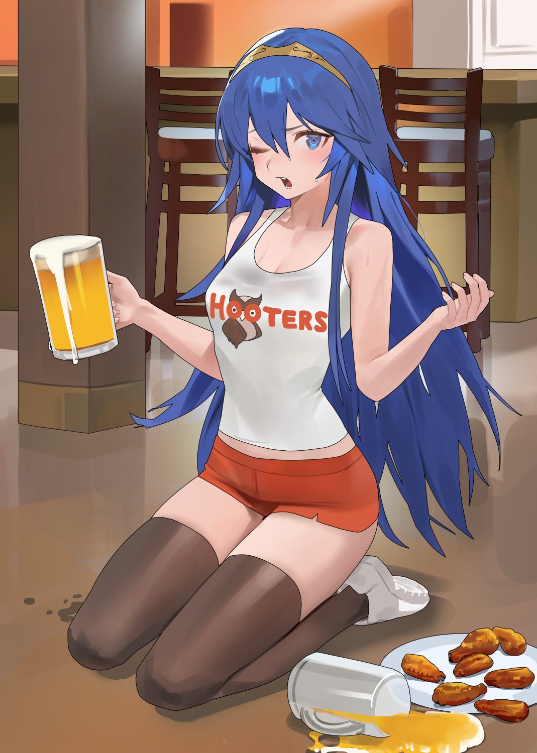 1girls accident alternate_costume beer_mug blue_eyes blue_hair blush breasts cleavage clothes_writing clumsy cup employee_uniform female female_only fire_emblem fire_emblem_awakening food hair_between_eyes highres hood_x_art hooters long_hair lucina_(fire_emblem) mug nintendo no_legwear open_mouth orange_shorts short_shorts shorts smile solo tank_top thighhighs tiara tripping uniform waitress