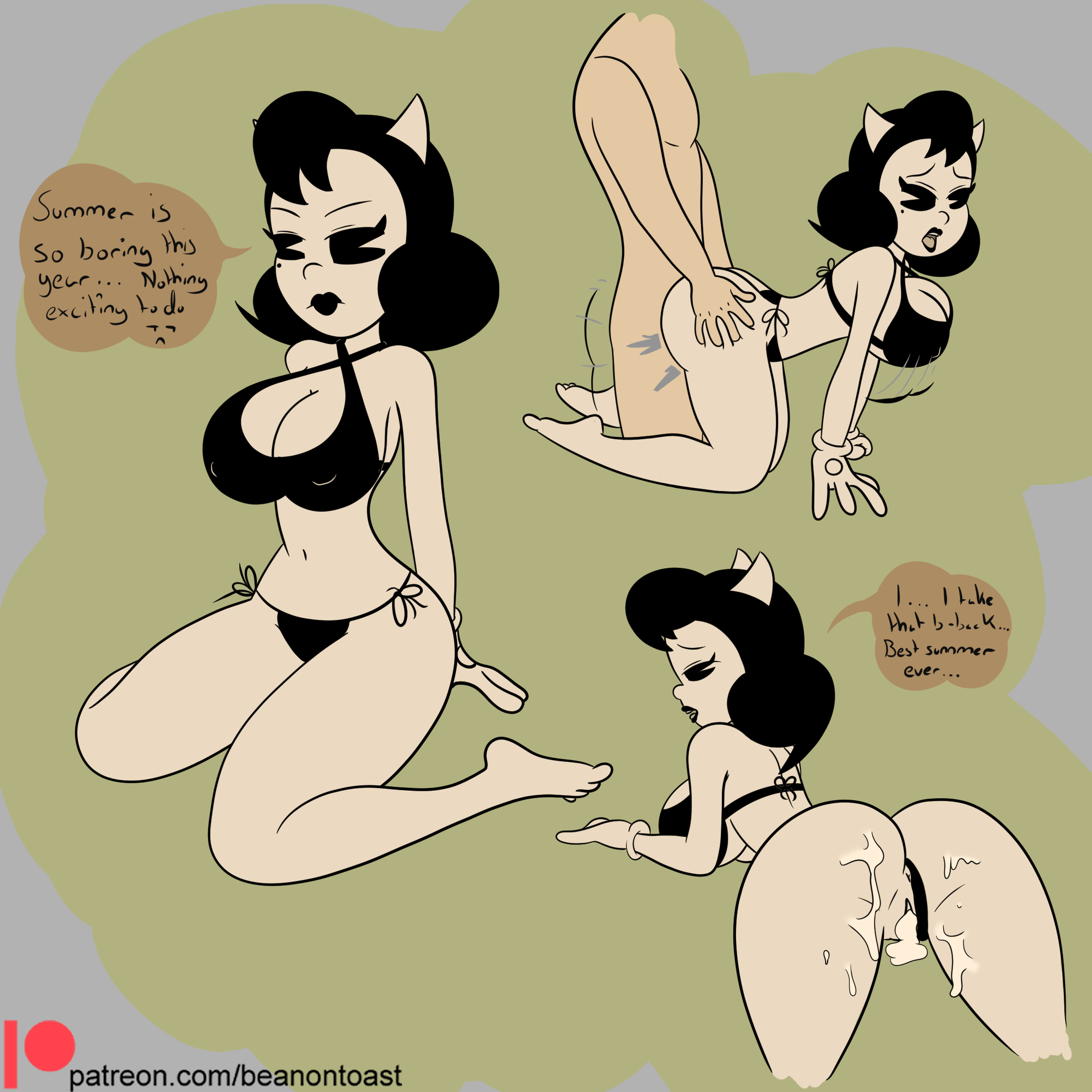 1boy, 1girls, alice angel, ass, beanontoast, bendy and the ink machine, big ass, big breasts, bikini, black eyes, black hair, breasts, cum, cum in pussy, cum inside, cum on ass, cum on thighs, disappointed, doggy style, female, horns, male, pac-man eyes, pussy, speech bubble, summer, unseen male face, vaginal, vaginal penetration, white body, white horns, white skin