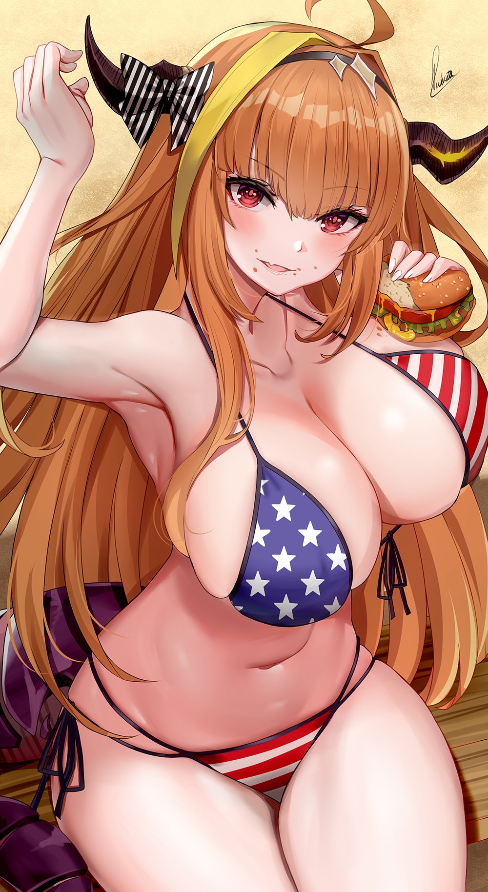 4th of july, american flag bikini, armpits, big breasts, bikini, bow, breasts, dragon girl, eating, female, female focus, holoforce, hololive, hololive japan, horn, kiryu coco, large breasts, orange eyes, orange hair, piukute062, tagme, thick thighs, virtual youtuber, vtuber