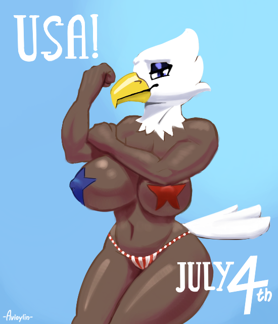 1girls 4th_of_july accipitrid accipitriform anthro avian avioylin beak big_breasts bird breasts celebration eagle female makeup mature_anthro mature_female muscular nipple_outline pasties patriotism pinup politics pose simple_background solo solo_female