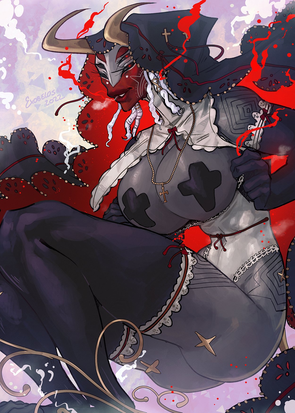 1girls, big breasts, breasts, bungie, cross necklace, destiny (game), destiny 2, exobelos, female, female only, grey skin, guardian (destiny), horn, hunter (destiny), multi eye, pasties, siishi (exobelos), tagme, thighhighs, white hair