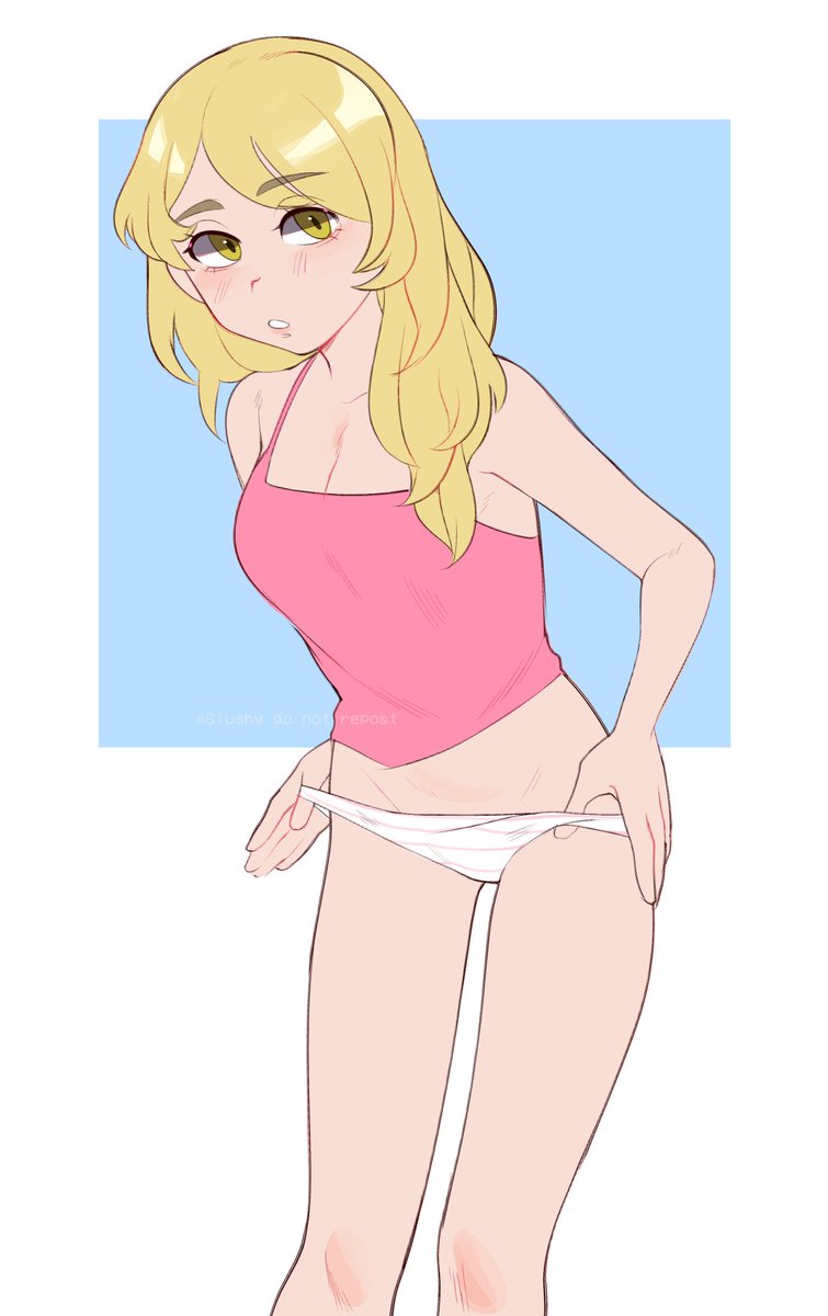 6lushy, blonde hair, blush, breasts, cleavage, emma sano, female, female only, long hair, panties, solo, solo female, tank top, tokyo revengers, undressing, yellow eyes