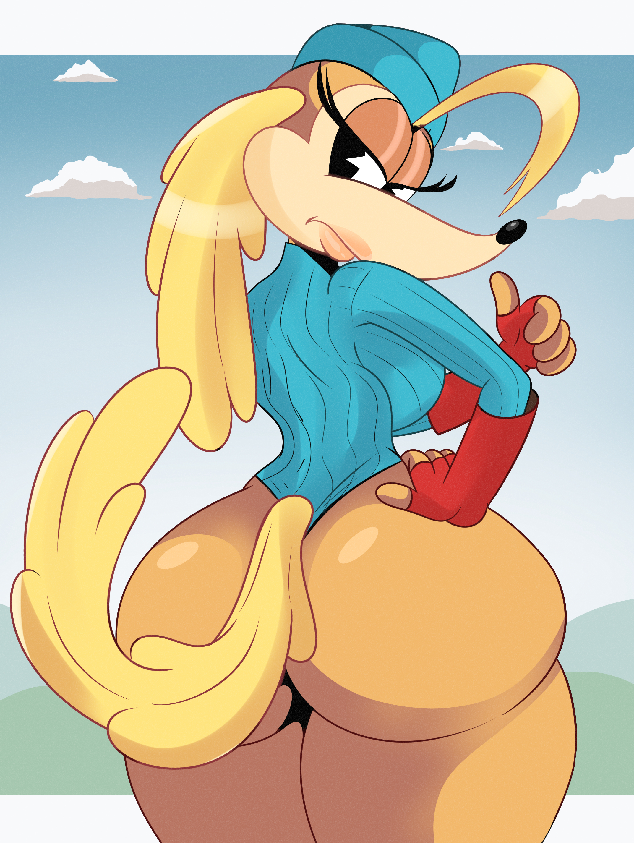 2022, absurd res, absurdres, anthro, anthro only, ass, big ass, big butt, breasts, cammy white (cosplay), canid, canine, canis, capcom, clothed, clothing, cuphead (game), digital media (artwork), domestic dog, eyelashes, female, fur, furry, furry only, gesture, hair, handwear, hat, headgear, headwear, hi res, highres, hunting dog, leotard, lipstick, looking at viewer, looking back, makeup, mammal, pilot saluki (cuphead), pose, saluki, sergeant o'fera, sighthound, solo, sonson-sensei, street fighter, tail, thick thighs, thumbs up, thunder thighs, video games, wide hips
