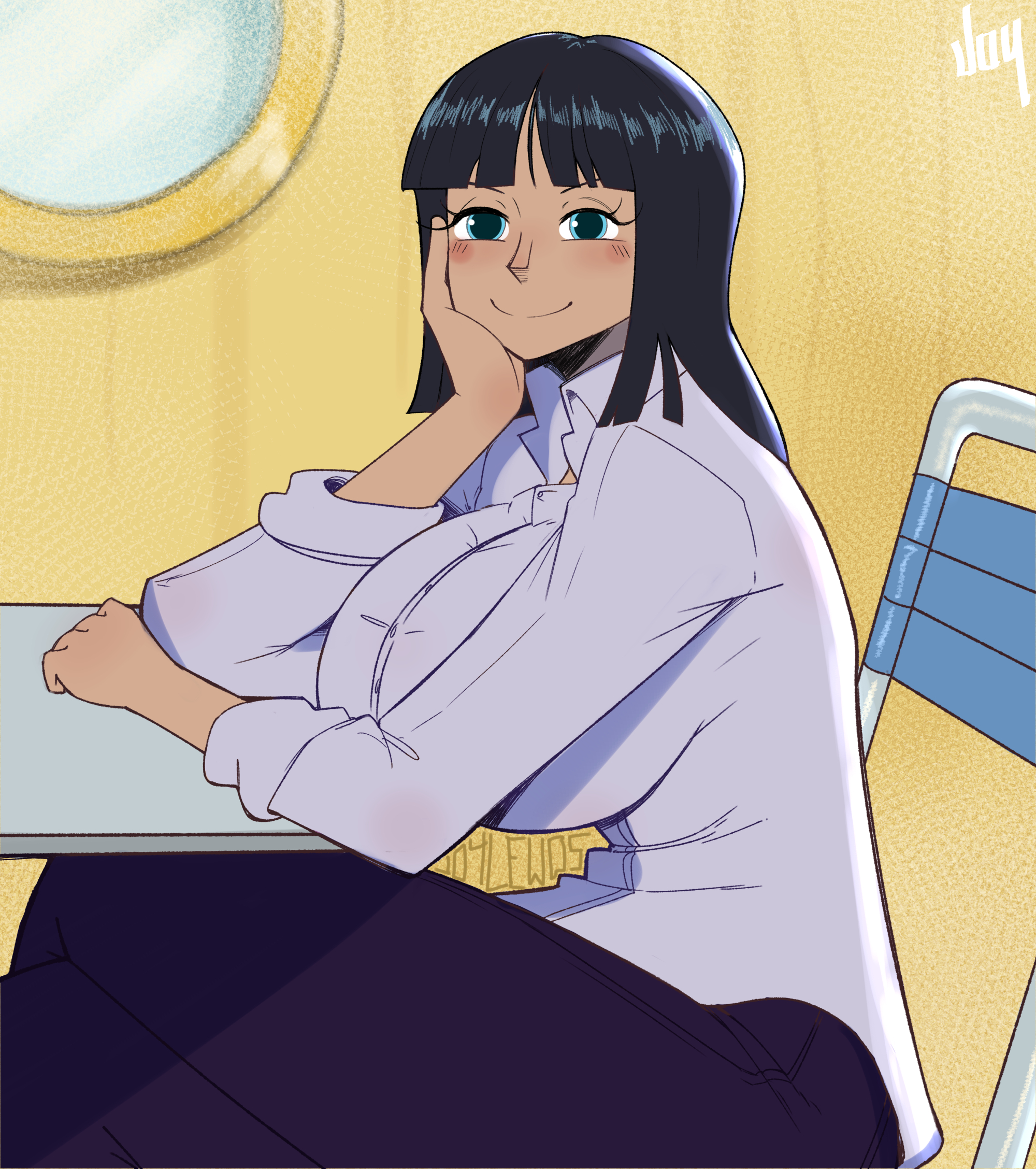 1girls, 2022, big breasts, black hair, blue eyes, blush, boobs, breasts, clothing, female, female only, fully clothed, hand on head, huge breasts, joylewds, long hair, looking at viewer, nico robin, one piece, pov, pre-timeskip, shounen jump, sitting, sitting on chair, smile, solo, tight clothing, tits, watermark