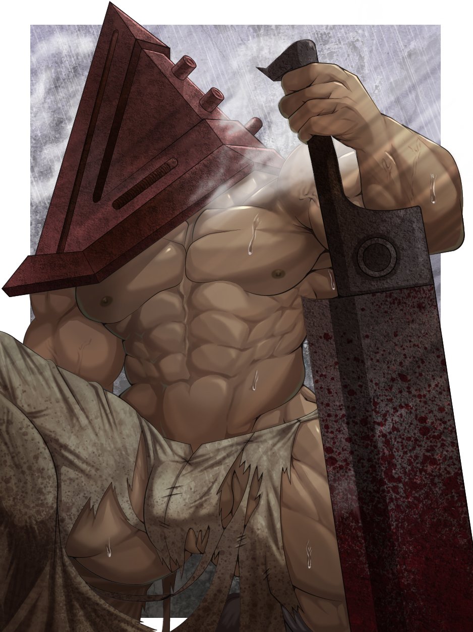 abs apron ass_visible_through_thighs bara big_pecs breath bulge helmet male male_only muscular muscular_male muscular_thighs pecs pyramid_head sansaka_saku silent_hill solo sweat sword tan_skin topless topless_male torn_clothes veiny_muscles weapon