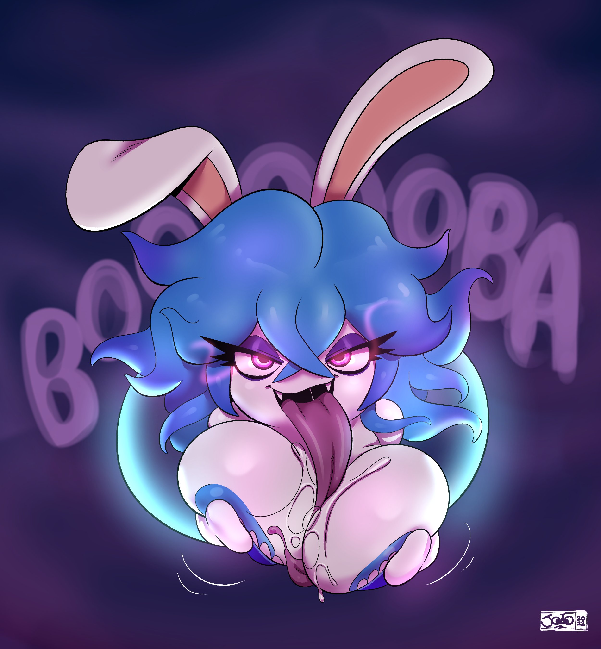 1girls, anthro, big breasts, blue hair, breasts, female, female only, ghost, ghost girl, huge breasts, joaoppereiraus, lagomorph, long tongue, looking at viewer, mario (series), mario + rabbids, mario + rabbids: sparks of hope, midnite (mario + rabbids), open mouth, pink hair, rabbid, rabbit, raving rabbids, saliva, solo, tongue, tongue out, video games