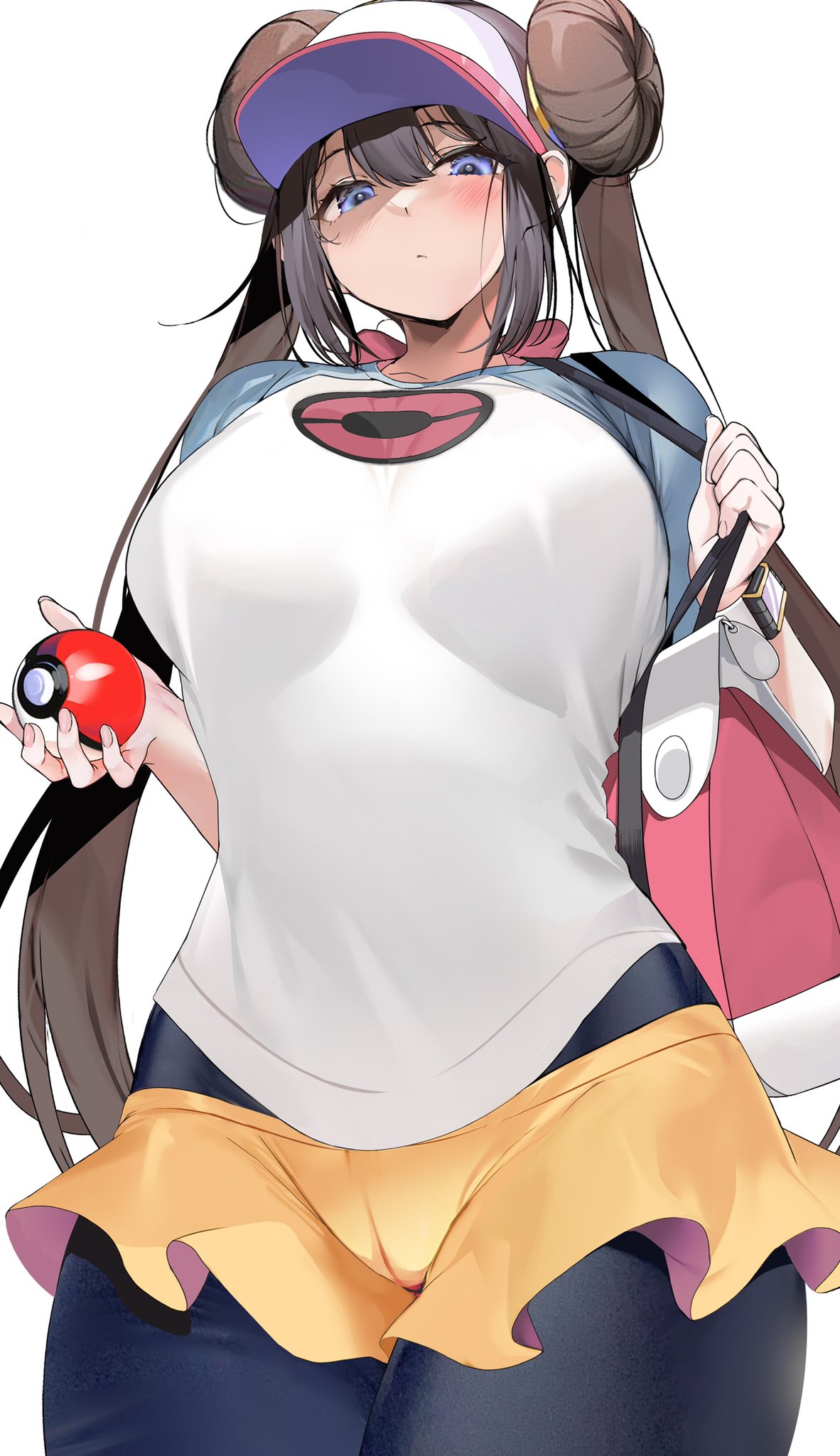 1girls, bangs, black legwear, blue eyes, blush, bow, breasts, brown hair, double bun, female, female focus, fully clothed, game freak, handbag, highres, holding, holding poke ball, large breasts, legwear under shorts, long hair, looking at viewer, marushin (denwa0214), nintendo, pantyhose, pink bow, poke ball, poke ball (basic), pokemon, pokemon bw2, rosa (pokemon), short shorts, shorts, skirt, solo, stare, staring, staring at viewer, twintails, very long hair, visor cap, yellow shorts, yellow skirt