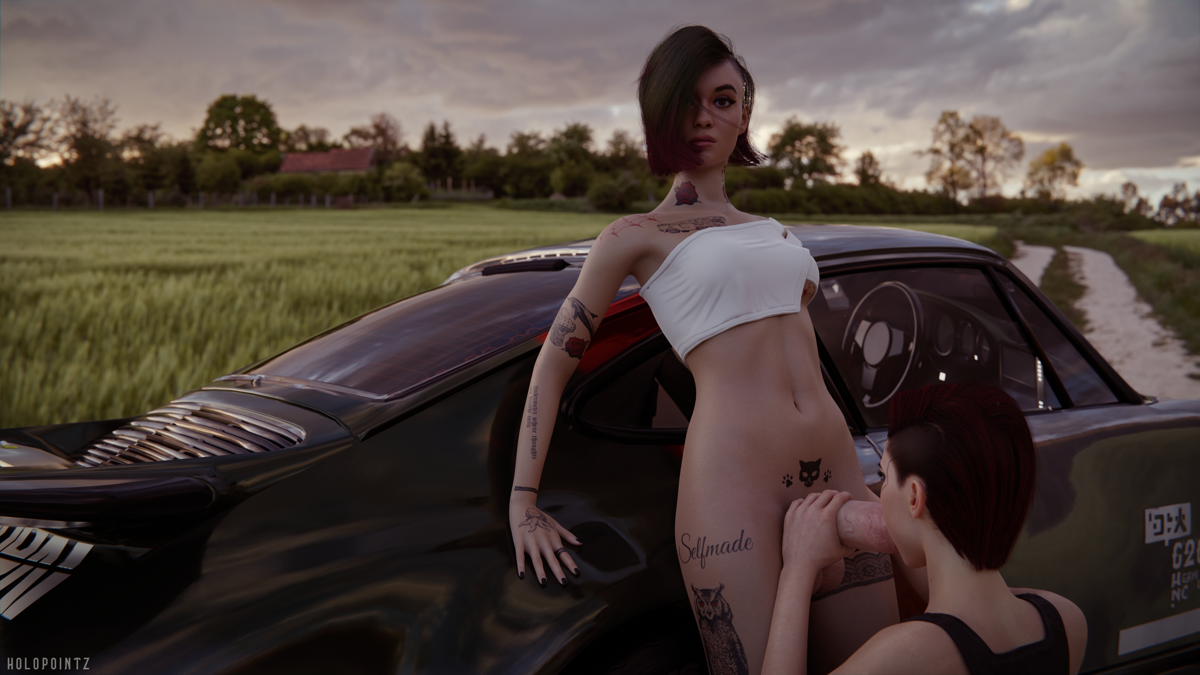 1futa, 1girls, 3d, 4k, against car, artist name, blowjob, bottomless, bottomless futa, brown hair, car, cyberpunk 2077, erection, exhibition, exhibitionism, exhibitionist, exposed, fellatio, female, full-package futa, futa on female, futanari, green hair, holopointz, intersex, judy alvarez, light skin, light-skinned female, light-skinned futa, outdoors, outside, penis, petite, petite body, public, public exposure, public nudity, public sex, purple hair, self upload, sucking penis, tattoo, tattooed arm, tattoos, testicles, v (cyberpunk 2077), valerie (cyberpunk 2077)
