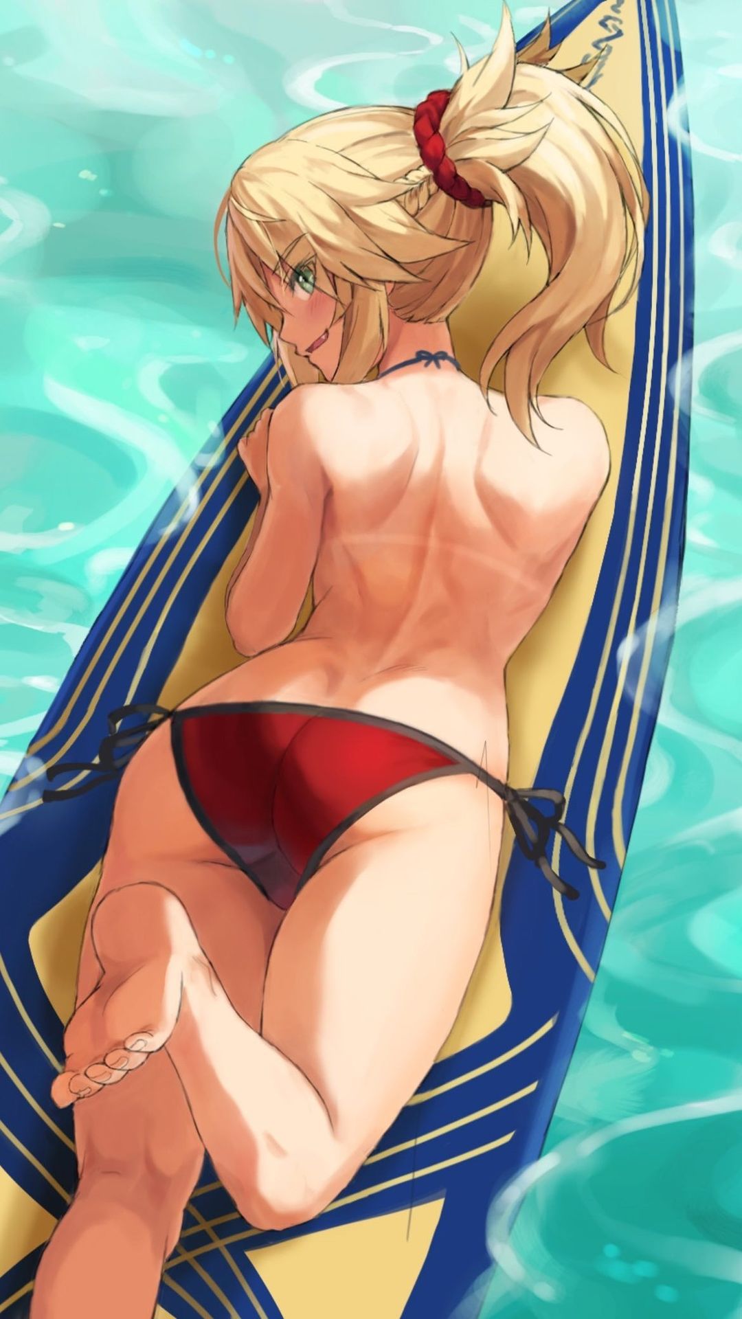 1girls ass ass_cleavage back back_view bare_back bare_shoulders bikini bikini_bottom blonde blonde_eyebrows blonde_female blonde_hair blonde_hair_female blush braid braided_hair butt_crack cleavage fate/apocrypha fate/grand_order fate_(series) feet feet_up female female_only green_eyes hair_ornament laying laying_on_stomach leg_up looking_at_viewer looking_back looking_back_at_viewer lying lying_on_stomach mordred_(fate) mordred_(swimsuit_rider) on_stomach panties ponytail red_bikini red_bikini_bottom red_panties red_scrunchie scrunchie side-tie_bikini side-tie_bikini_bottom solo solo_female solo_focus surfboard tan tan_lines tan_skin thighs thighs_together tonee topless topless_female underwear water