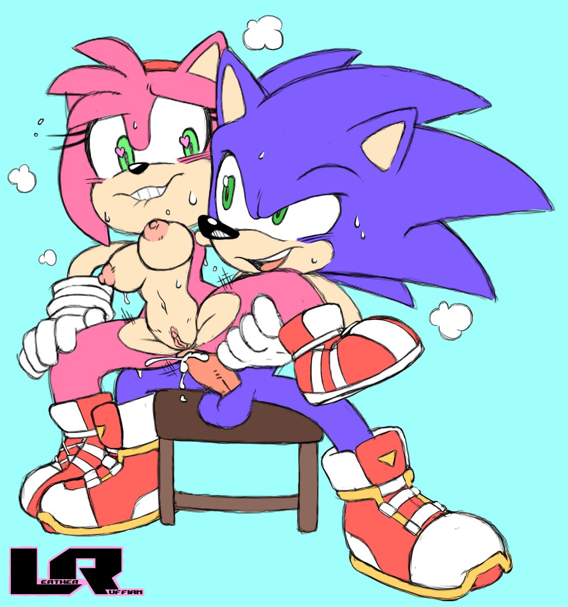 1boy, 1girls, amy rose, anal, anal sex, ass, balls, biting lip, breasts, color edit, cum, cum in ass, exposed torso, female, footwear, furry, handwear, heart eyes, heart-shaped pupils, holding leg, humanoid, leatherruffian, male, naked footwear, penetration, penis, pussy, reverse cowgirl position, sex, shoes, sitting on lap, sonic (series), sonic the hedgehog, sonic the hedgehog (series), straight, sweaty, too horny, vagina, vaginal penetration
