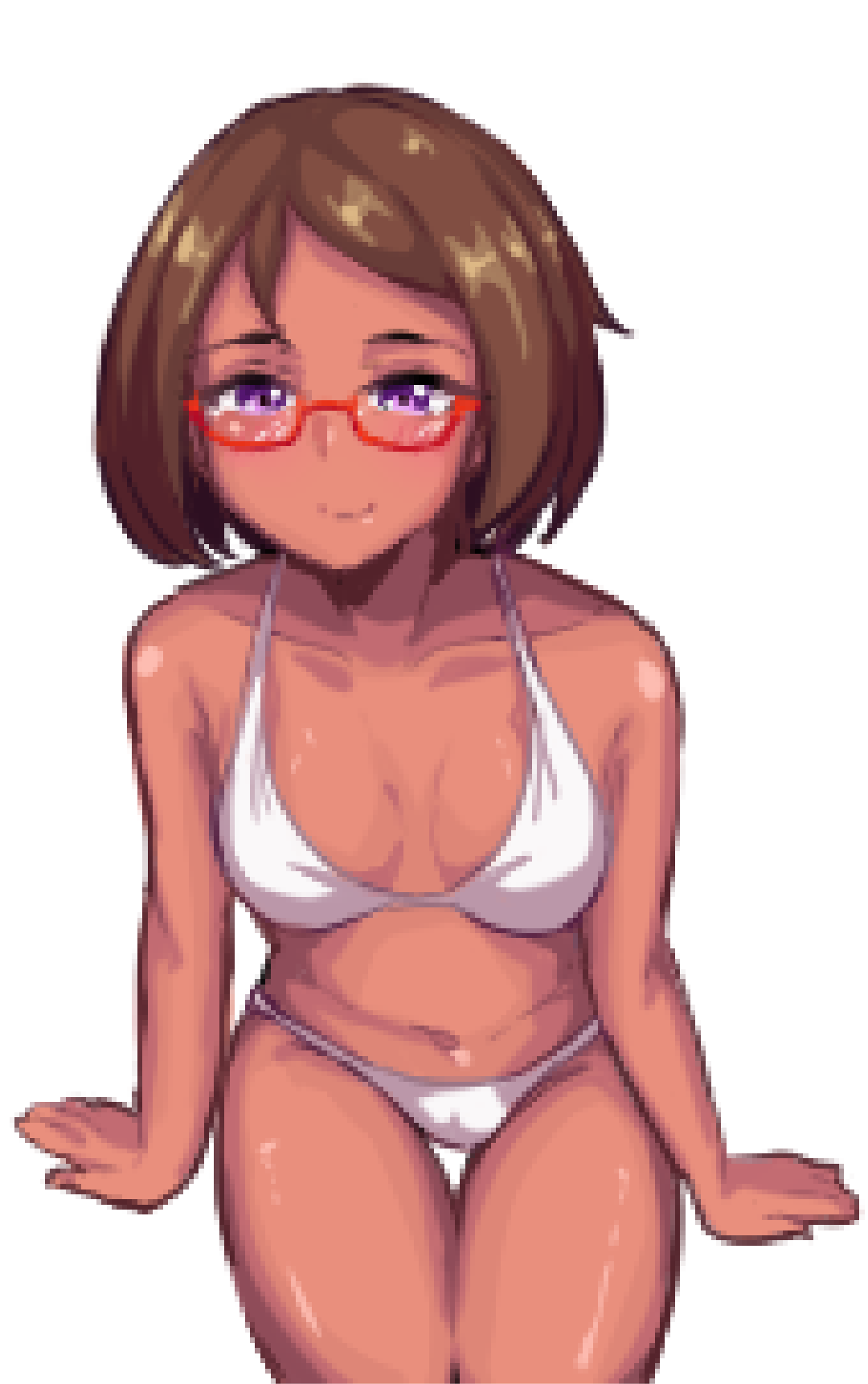 1girls blush blushing blushing_at_viewer bra brown_hair dark-skinned_female female female_only glasses maru_(stardew_valley) panties pixel_art purple_eyes short_hair sitting smile smiling smiling_at_viewer solo solo_female stardew_valley white_bra white_panties xy_(artist)