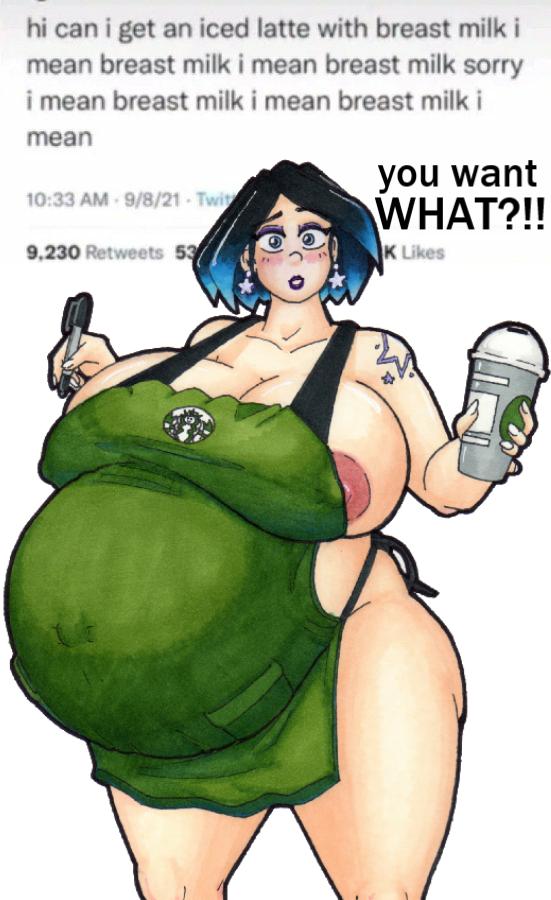 1girls, apron, areola slip, areolae, belly, big belly, big breasts, breasts, female, huge breasts, hyper belly, hyper breasts, iced latte with breast milk, jishintai, meme, outie navel, pregnant, solo