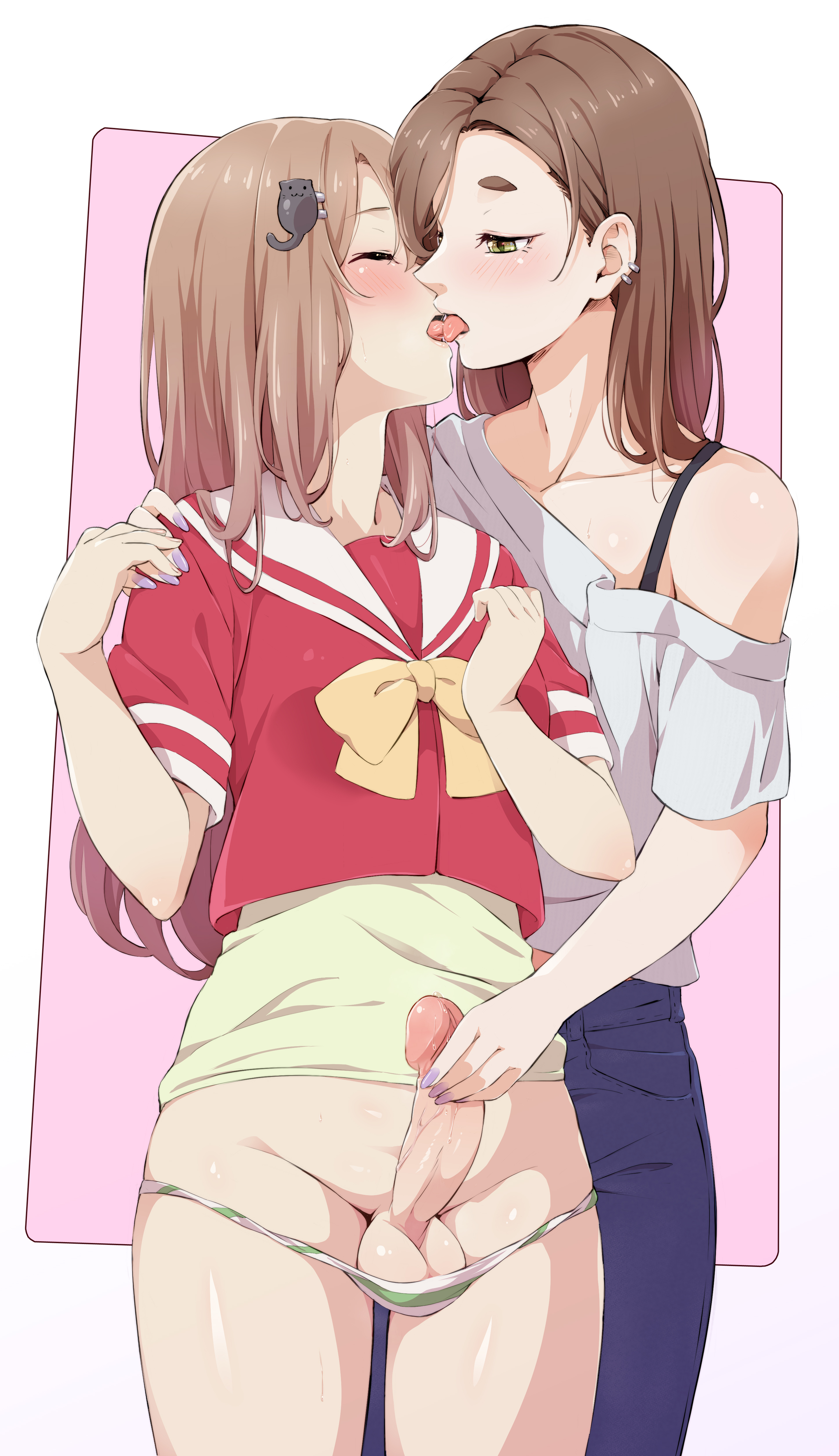 1futa, 1girls, balls, bottomless, brown hair, clothed, clothing, decensored, earrings, erection, female, french kiss, fully clothed, futanari, hairclip, handjob, human, incest, intersex, jeans, kissing, kujya, light skin, light-skinned female, light-skinned futa, long hair, nail polish, off shoulder, panties, partially clothed, penis, penis in panties, precum, sailor shirt, sisters, standing, testicles, uncensored, undershirt