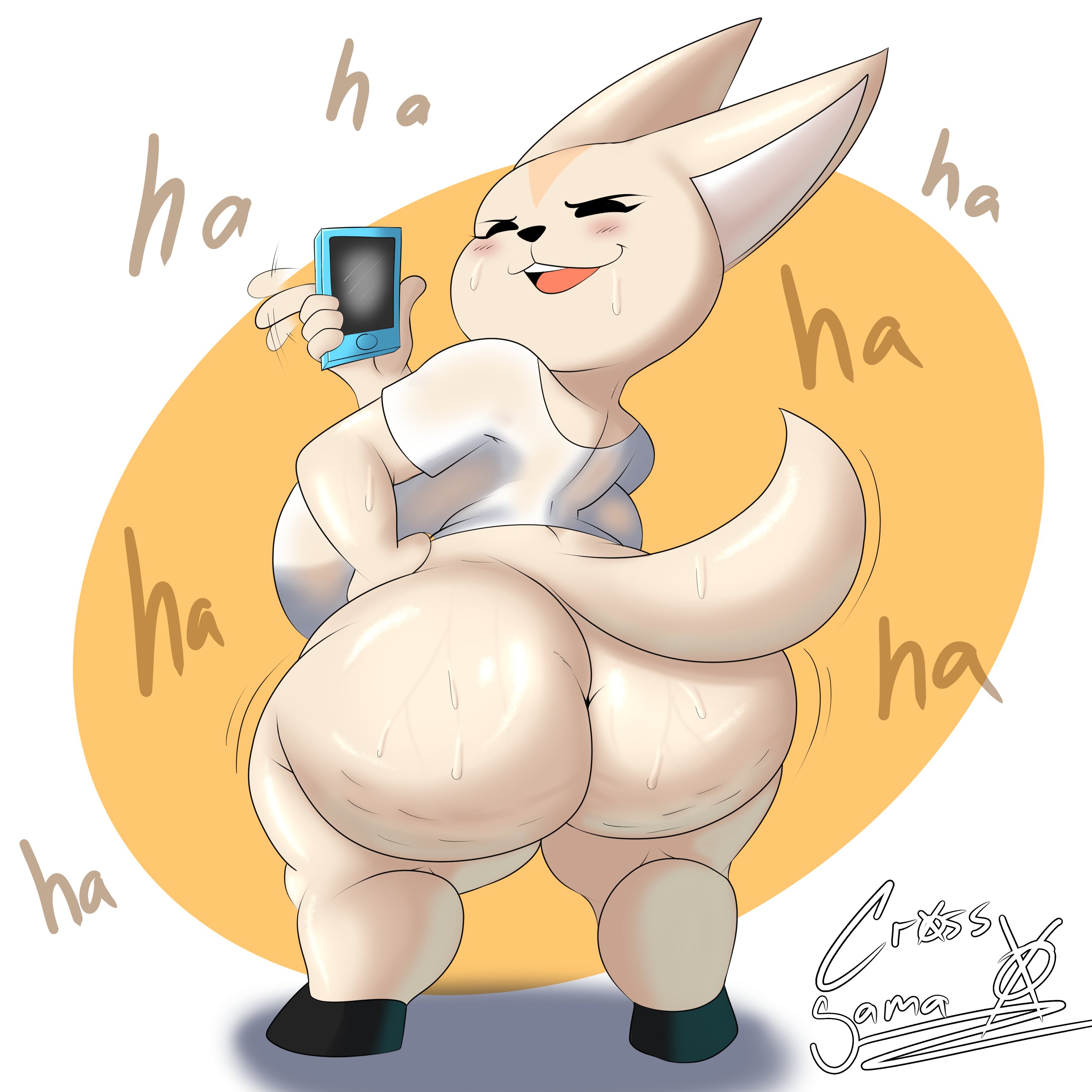 1girls, aggressive retsuko, aggretsuko, anthro, ass, backboob, big ass, big breasts, bottomless, breasts, bubble ass, bubble butt, cellphone, cellulite, clothing, cross samax, female, female only, fennec, fenneko, hand on hip, huge ass, laughing, looking at viewer, looking back, phone, sanrio, shirt, shortstack, smile, smooth skin, smug, solo, sweat, thick thighs, wide hips