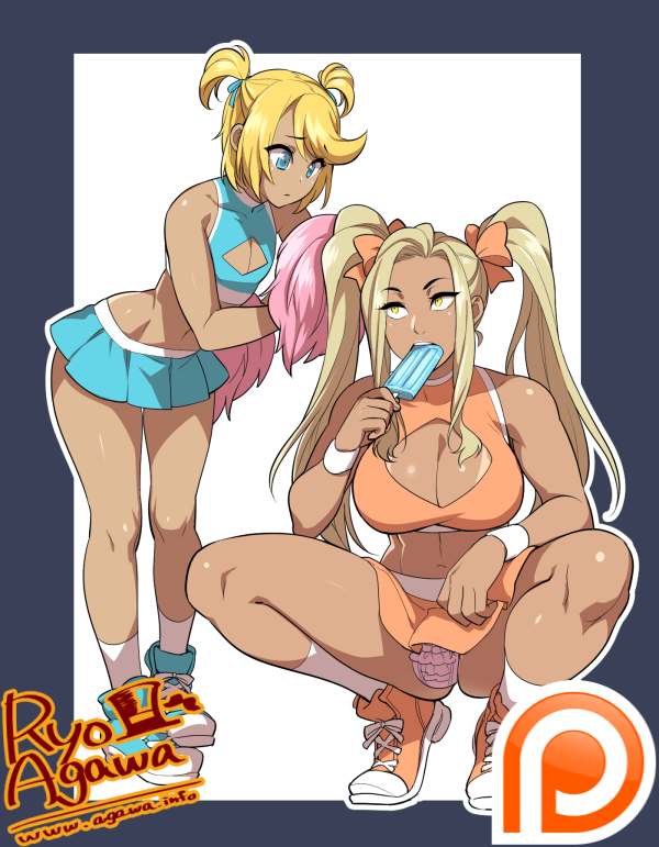 1boy 1futa 2016 ankle_socks anklehighs artist_name bare_arms bare_shoulders black_border blonde_hair blue_eyes bow breasts brother_and_sister brown_hair bulge cheerleader cheerleader_uniform cleavage cleavage_cutout clothed clothing crop_top crossdressing dark-skinned_femboy dark-skinned_futanari dark-skinned_male dark_skin duo eating eyebrows_visible_through_hair femboy frilled_panties frills full_body fully_clothed futanari hair_ribbon human kirihara_tatsugoro_torayasu kirihara_torajyuro_tatsumune knee_socks kneehighs kneesocks large_breasts leaning_forward long_twintails male midriff miniskirt navel open_mouth original panties panty_bulge pantyshot pantyshot_(squatting) pleated_skirt pom_poms popsicle revealing_clothes ribbon ryo_agawa shirt shoes short_hair short_twintails siblings signature simple_background skirt sleeveless sleeveless_shirt socks squatting standing tan tanline teeth thighs tied_hair tiptoes trap twintails underwear url watermark white_background white_panties white_socks wrist_cuffs yellow_eyes