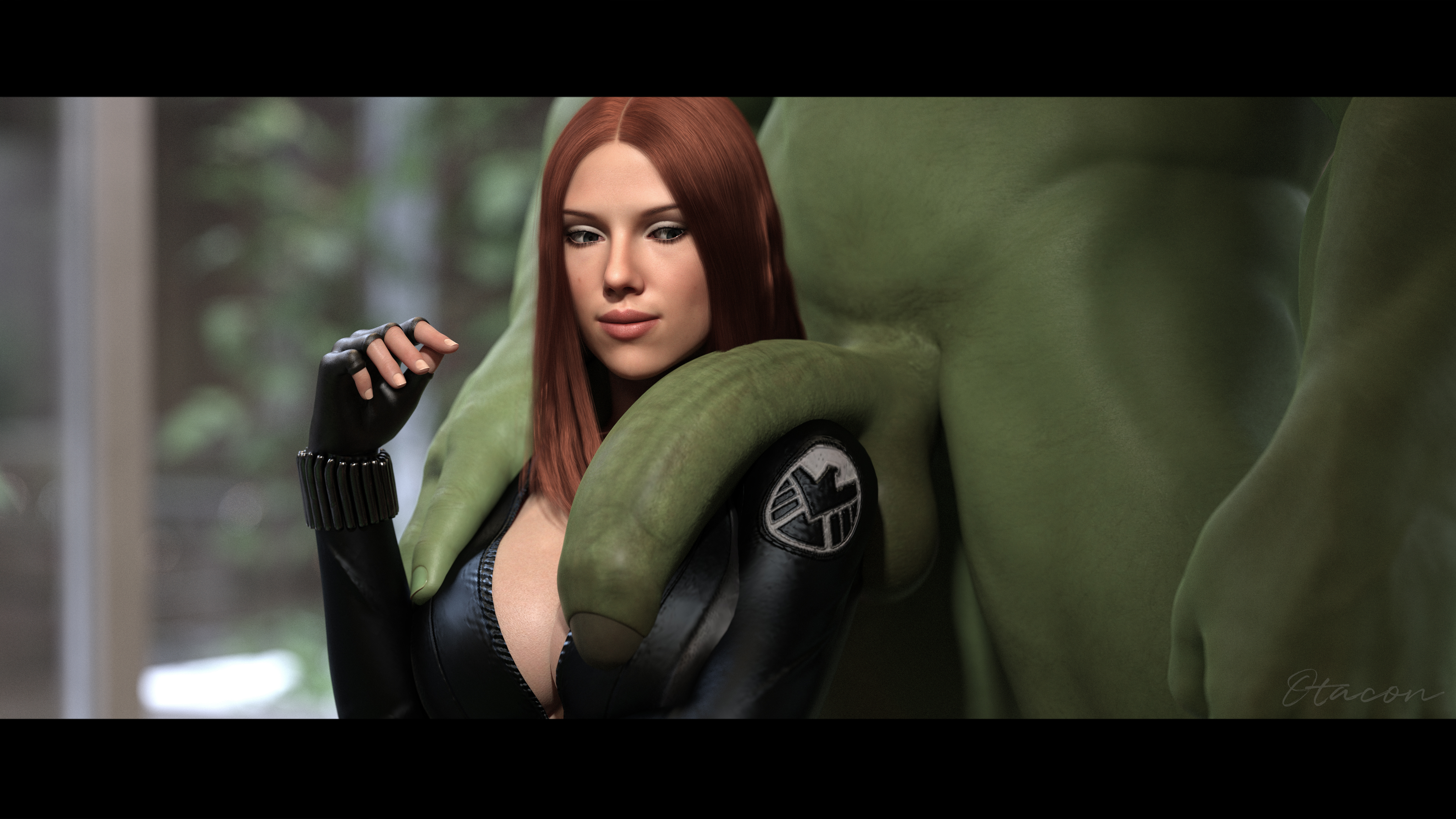 1boy, 1girls, 3d, avengers, black widow (marvel), cfnm, cleavage, female, green skin, huge cock, hulk, hulk (series), imminent rape, imminent sex, large penis, male, marvel, marvel cinematic universe, marvel comics, nude, nude male, otacon212, partial male, penis, red hair, scarlett johansson, skin tight