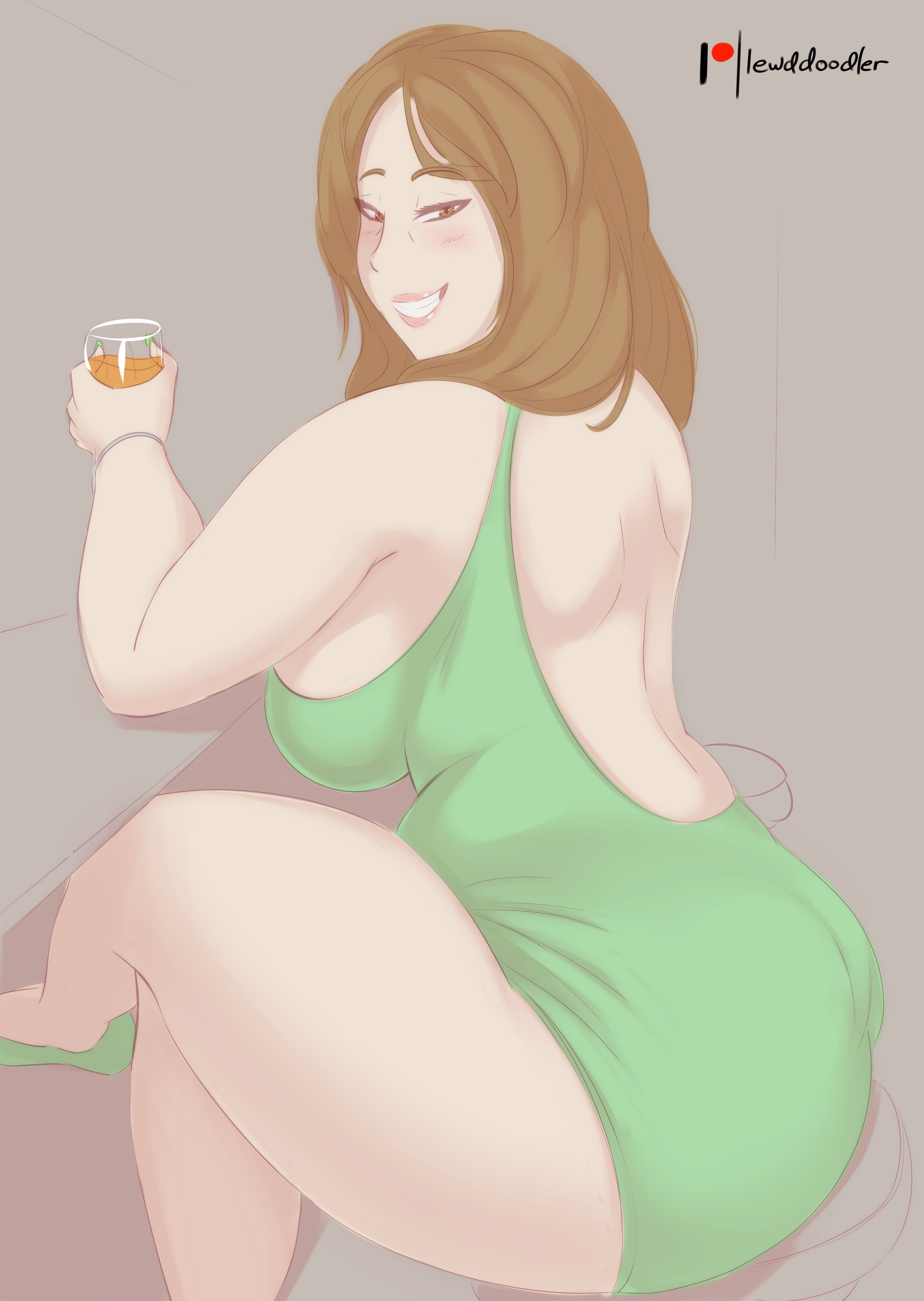 1girls, alcohol, ass, big ass, big breasts, breasts, brown hair, chubby, chubby female, clothing, curvy, dress, female, female only, janet (lewddoodler), legs crossed, lewddoodler, looking at viewer, looking back, milf, sitting, smile, solo, thick thighs, wide hips